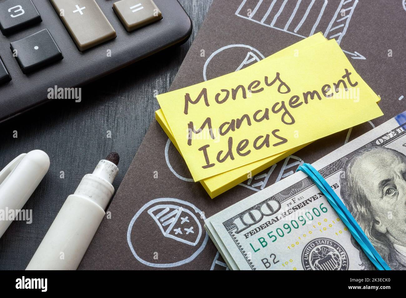 Money management ideas sign on the page with charts. Stock Photo