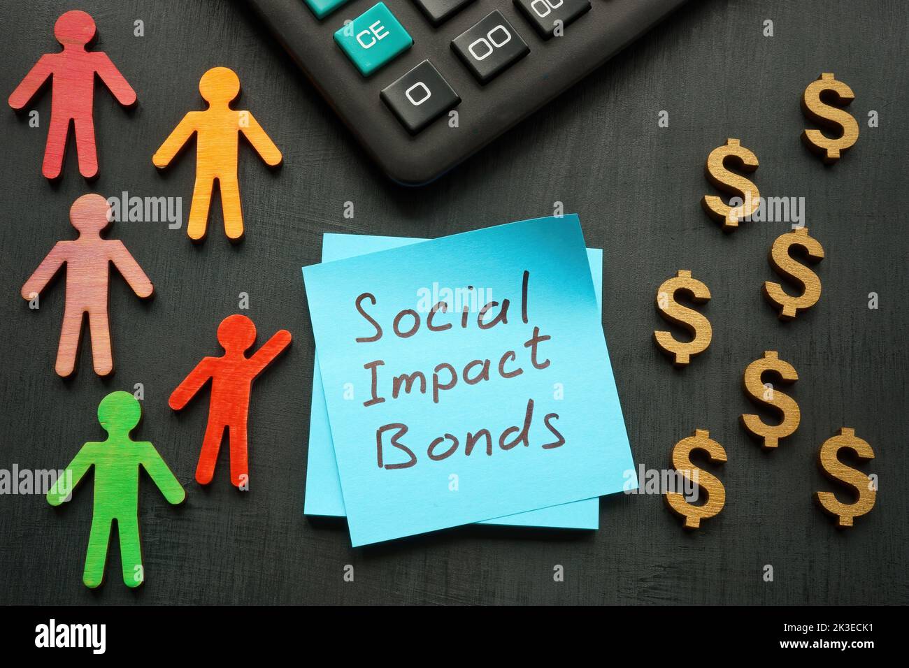 Social impact bonds sign, calculator and figurines. Stock Photo