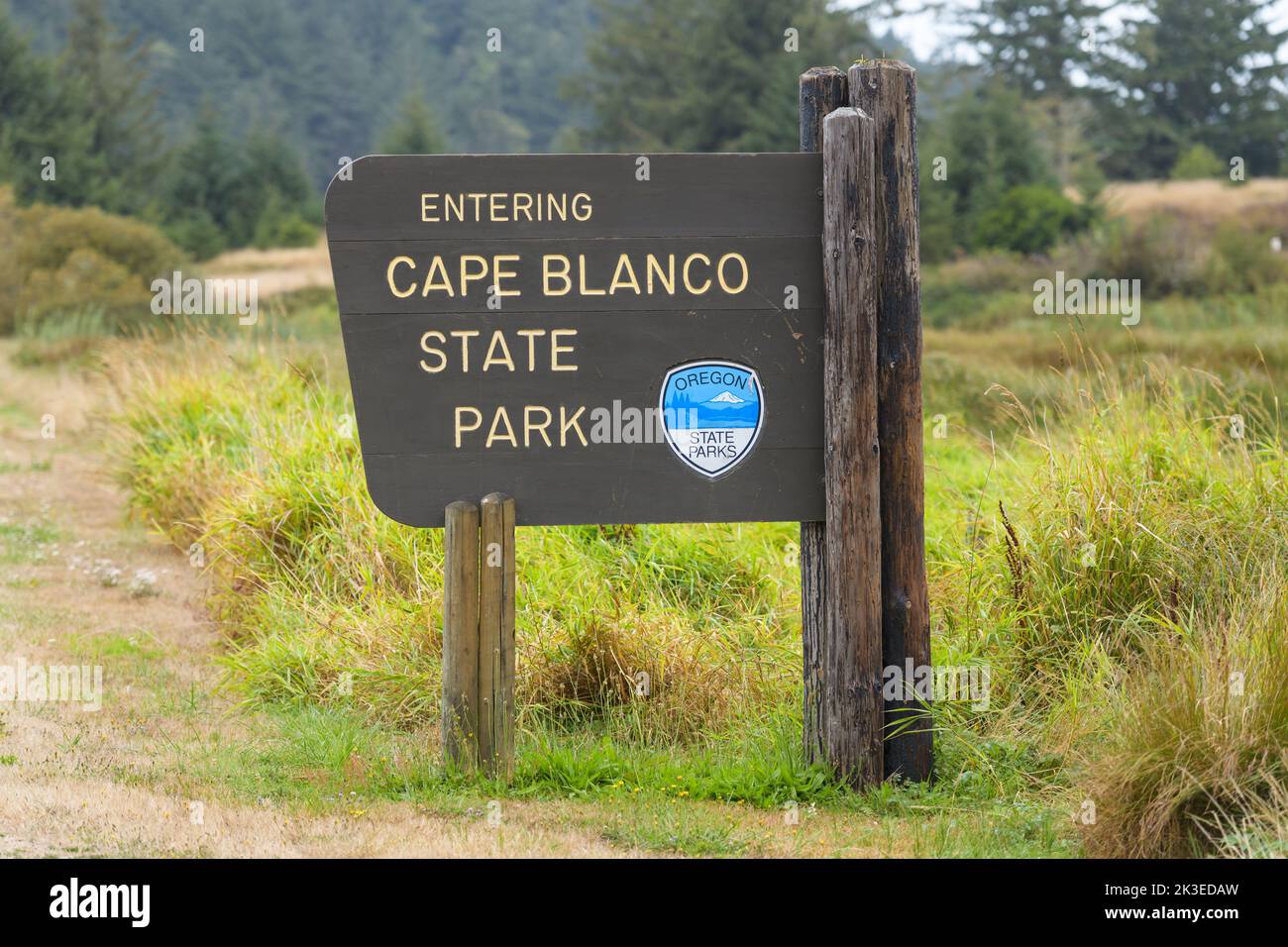 Port Orford, OR, USA - September 17, 2022; Sign with Oregon State Parks logo for Cape Blanco State Park Stock Photo