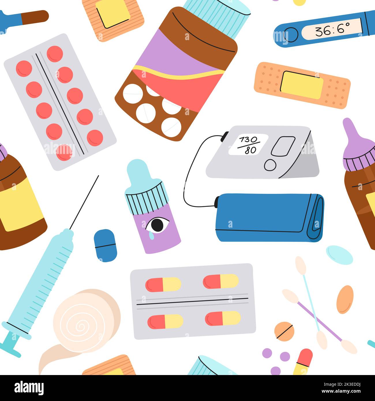 Pills seamless pattern. Drugs pharmaceutical elements, hospital or medication. Coloured pill and capsule, doctor lab tools. Pharmacy decent vector Stock Vector