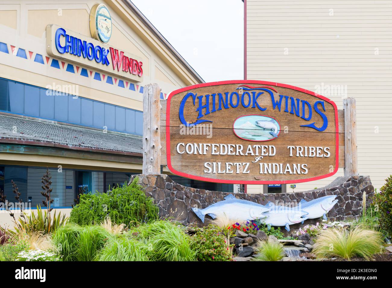 Lincoln City, OR, USA - September 15, 2022; Sign for Chinook Winds Casino Resort by Confederated Tribes of Siletz Indians Stock Photo