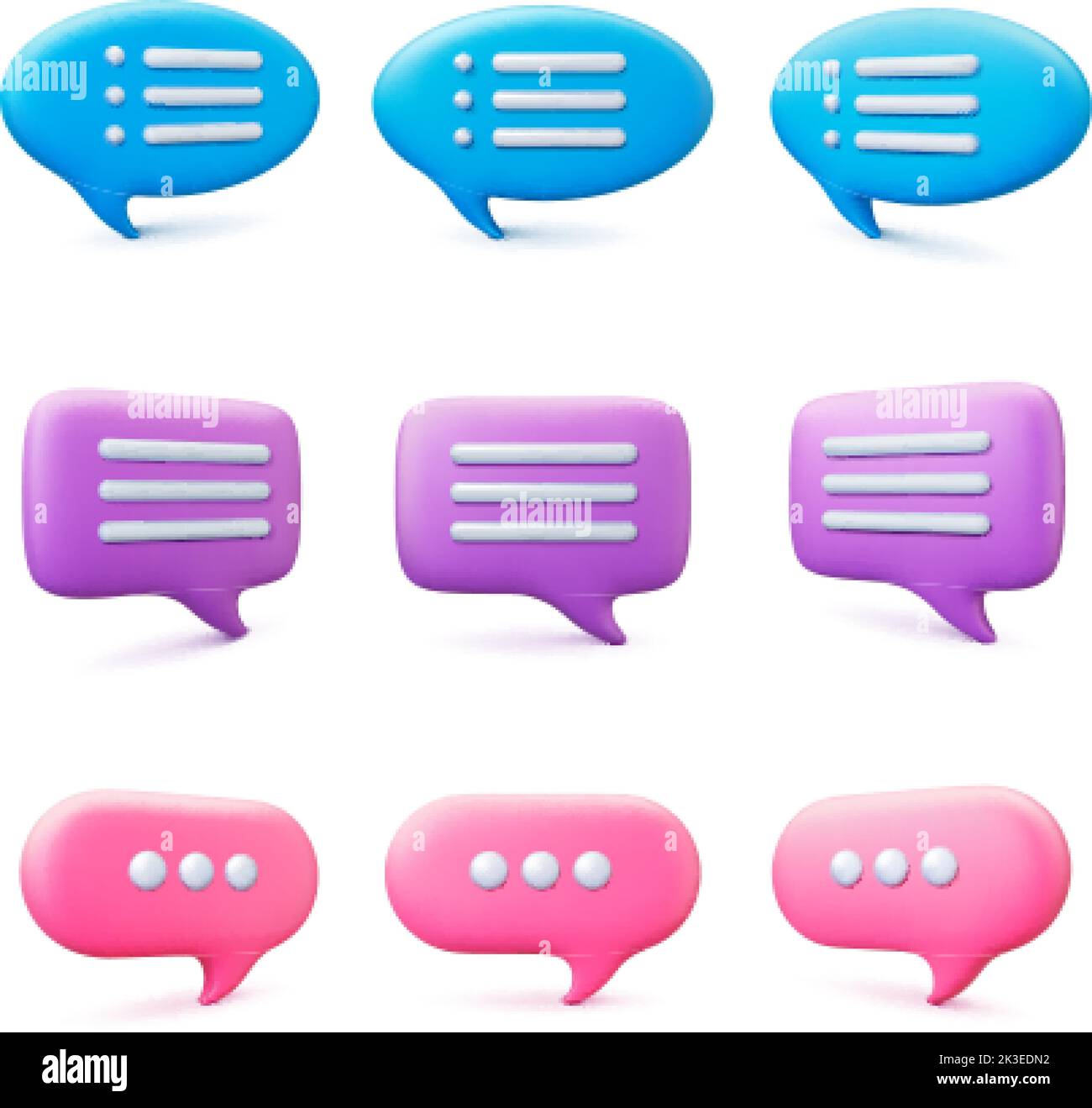 Conversation speech bubbles 3d design. Message bubble, different text balloons for feedback, text or comment. Isolated clouds bot chat pithy vector Stock Vector