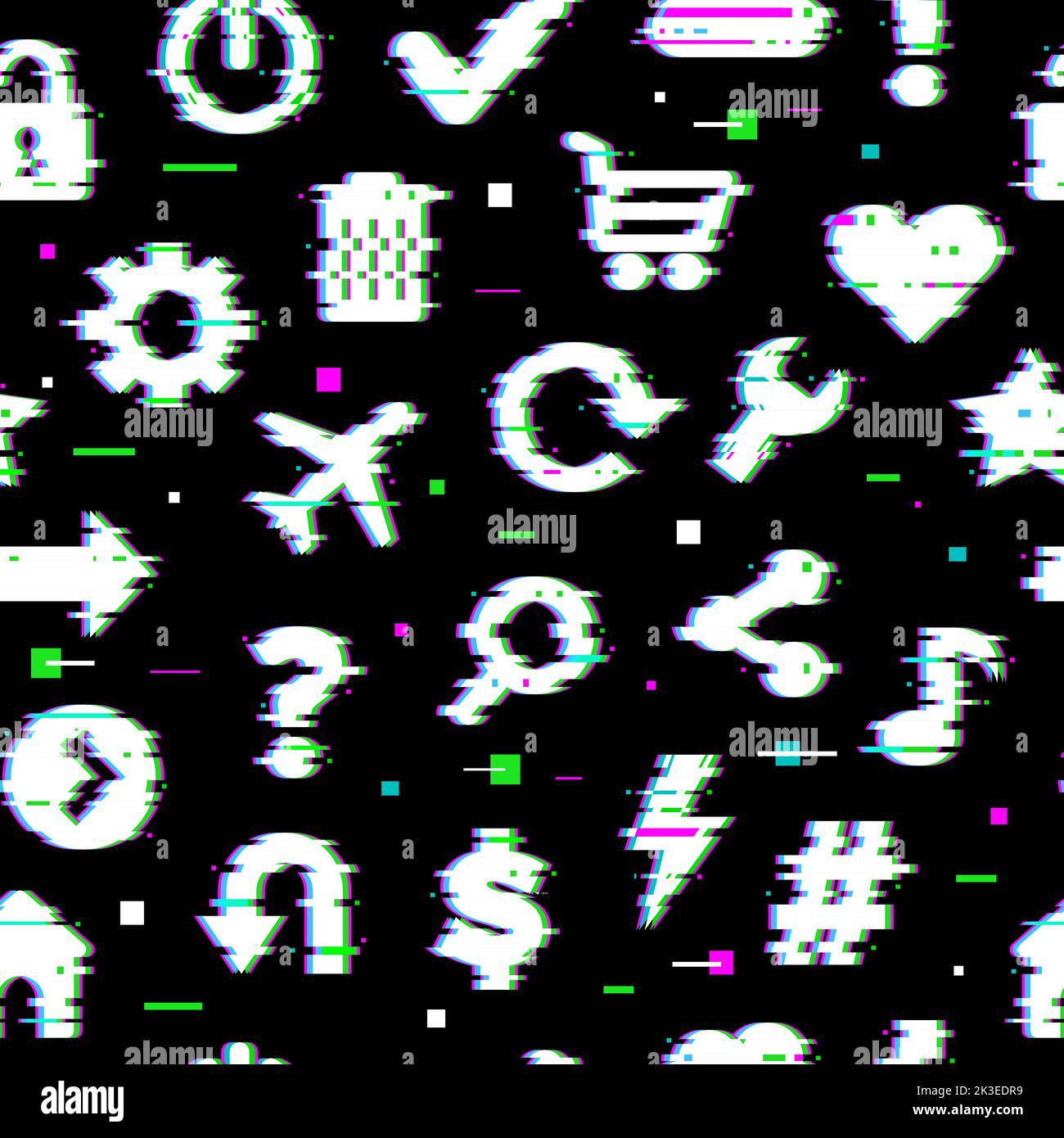 Glitched pattern. Media symbols arrows signs for web ui grunge design projects recent vector seamless stylized background Stock Vector