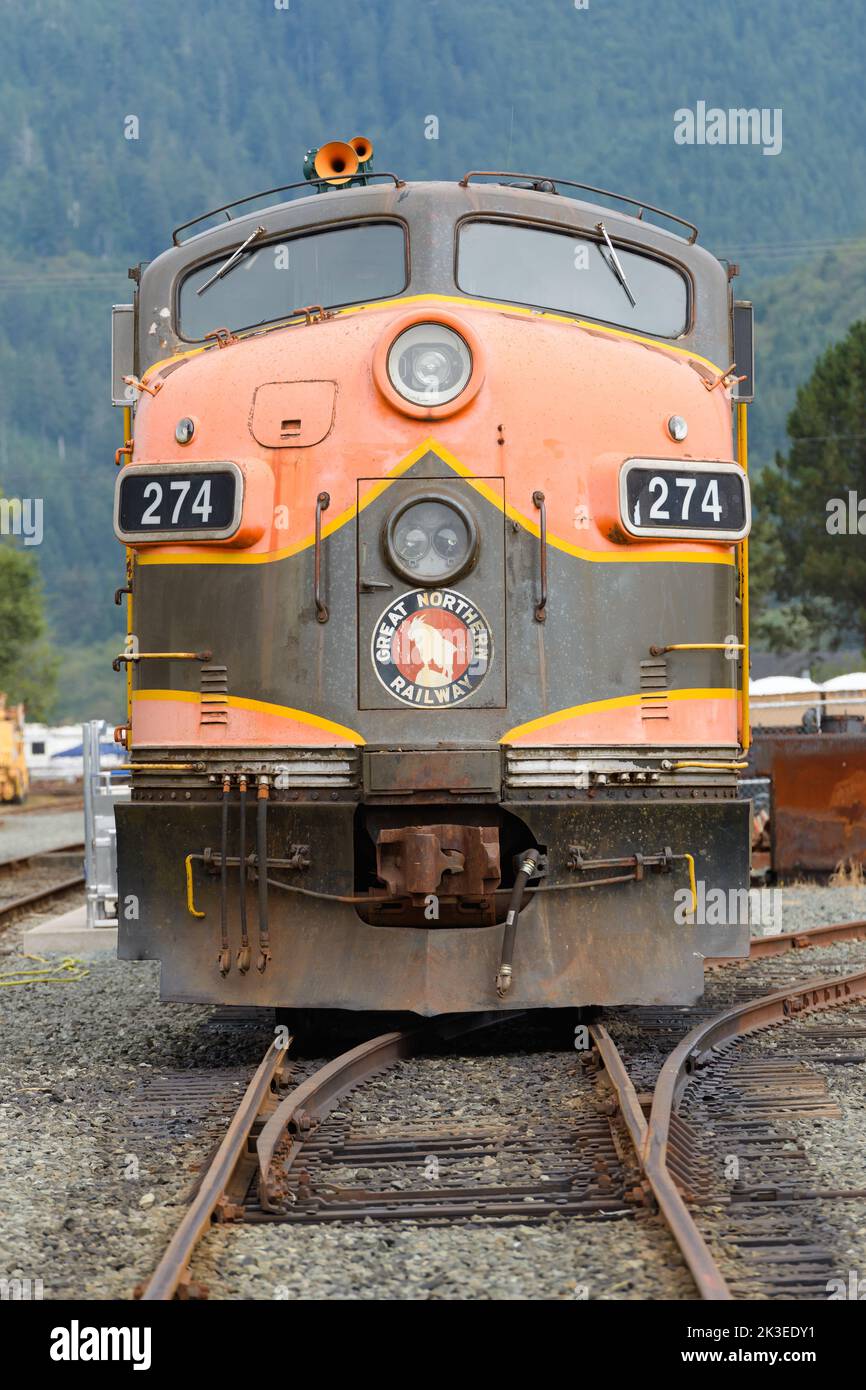 Garibaldi, OR, USA - September 14, 2022; Great Northern diesel  electric locomotive 274 front view on the Oregon Coast Scenic Railroad in Garibaldi OR Stock Photo