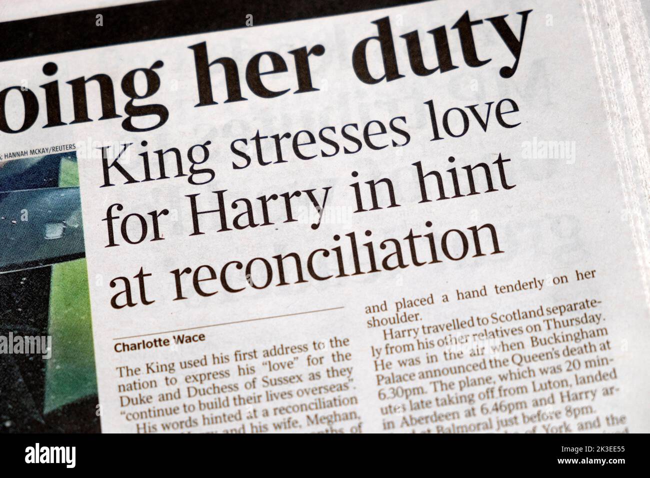 'King stresses love for Harry in hint at reconciliation' The Times newspaper headline article clipping King Charles III Prince Harry 10 September 2022 Stock Photo