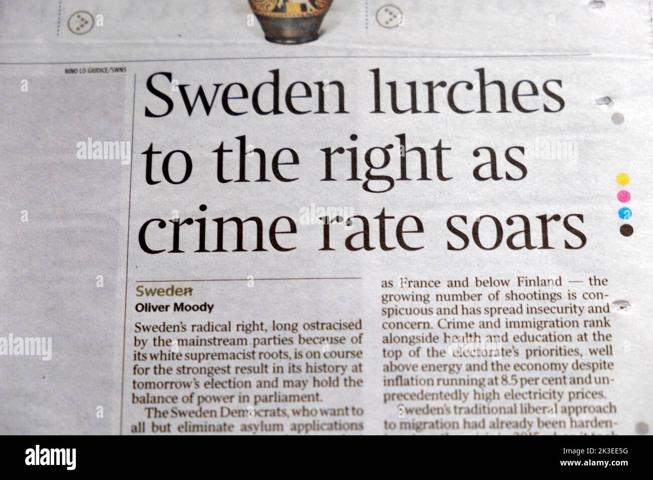 'Sweden lurches to the right as crime rate soars' The Times newspaper headline article clipping cutting 10 September 2022 London UK Stock Photo