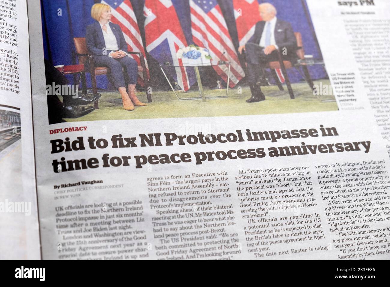 'Bid to fix NI Protocol impasse in time for peace process anniversary' i newspaper headline 27 September 2022 London UK Stock Photo