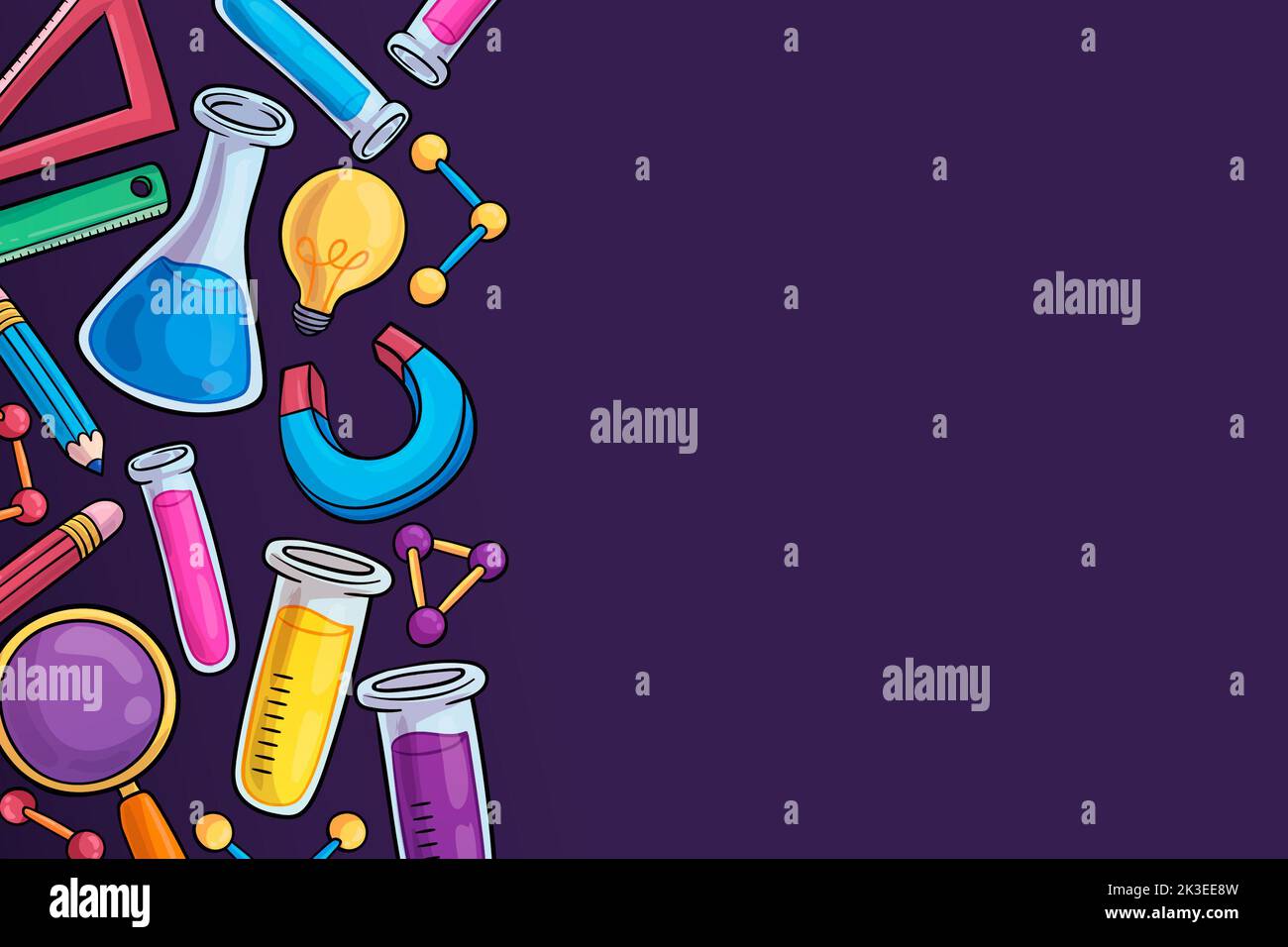 Science cartoon vector doodle design. Colorful detailed composition with lot of scientific objects and symbols. All items are separate Stock Photo