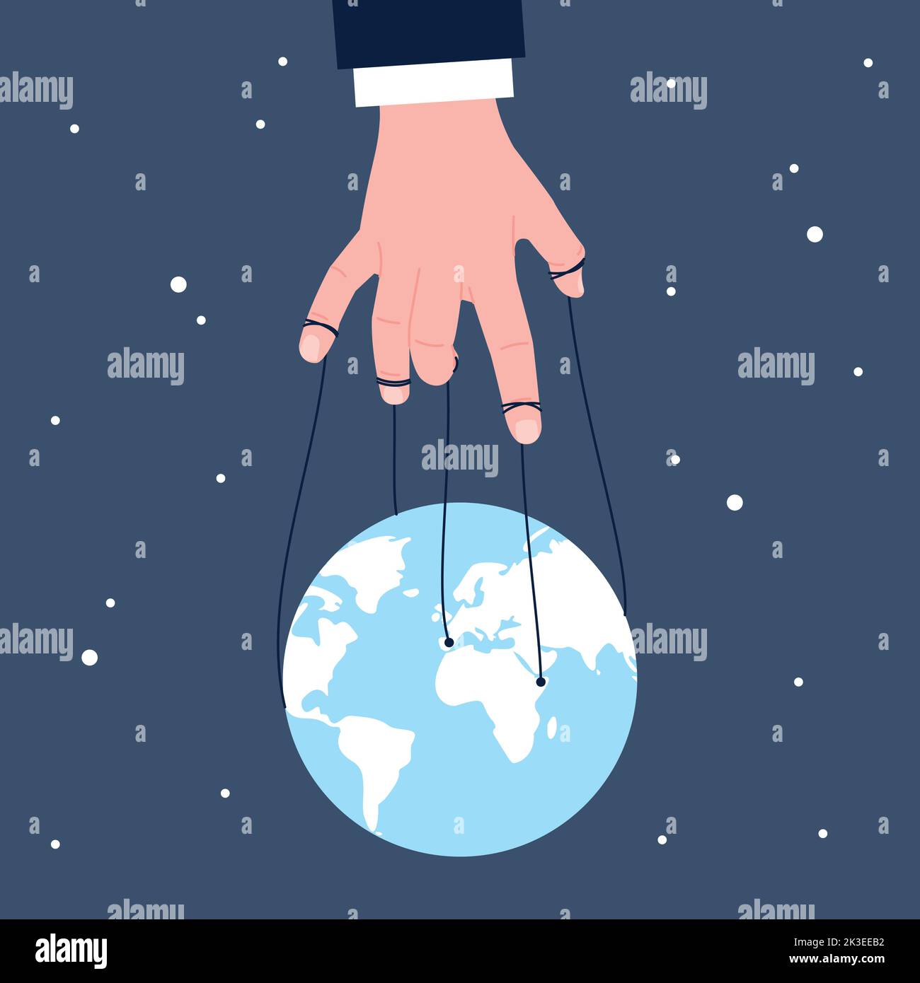 Manipulating and controlling world. Manipulator hold earth globe like puppet. Political and business games, domination and control. Conspiracy recent Stock Vector