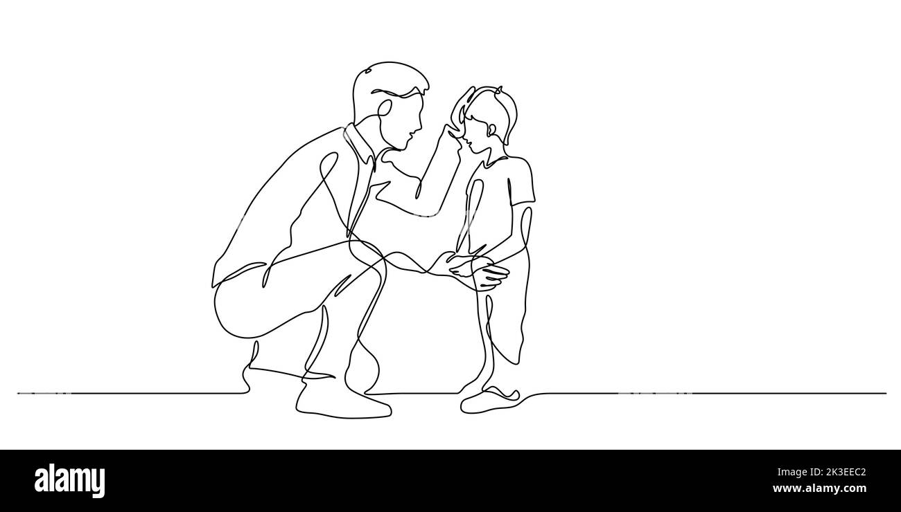 father kneeling and rub his son gently on head in continuous line drawing vector illustration Stock Vector