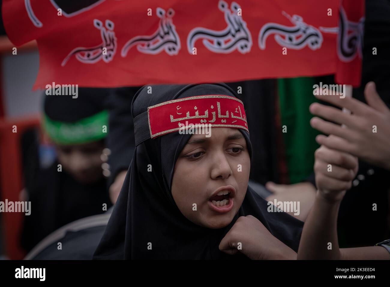 London, UK. 25th September 2022. Hundreds of predominately Shia Muslims gather at Marble Arch for Arbaeen commemorations and procession marking the end of the 40-day mourning period for the seventh-century killing of Iman Hussein, the grandson of Prophet Muhammad. Credit: Guy Corbishley/Alamy Live News Stock Photo