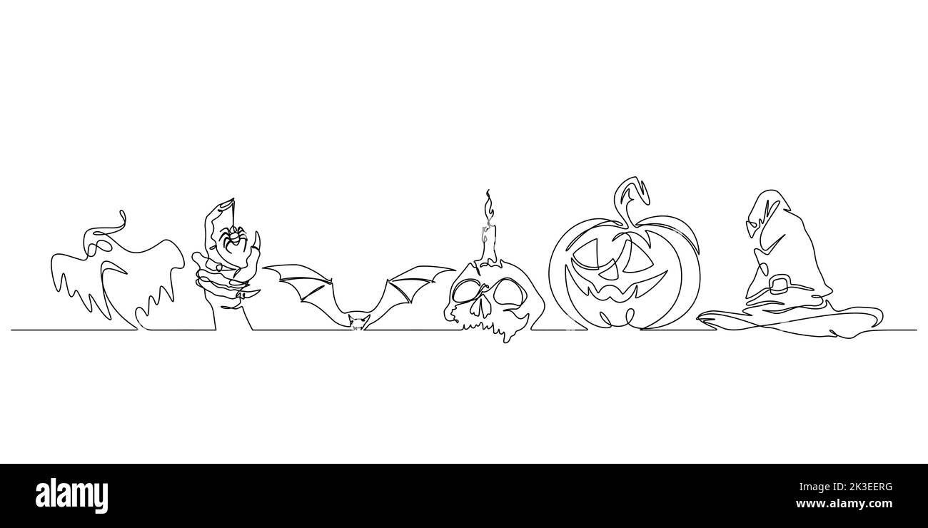 halloween design element set decoration in continuous line drawing style vector illustration Stock Vector