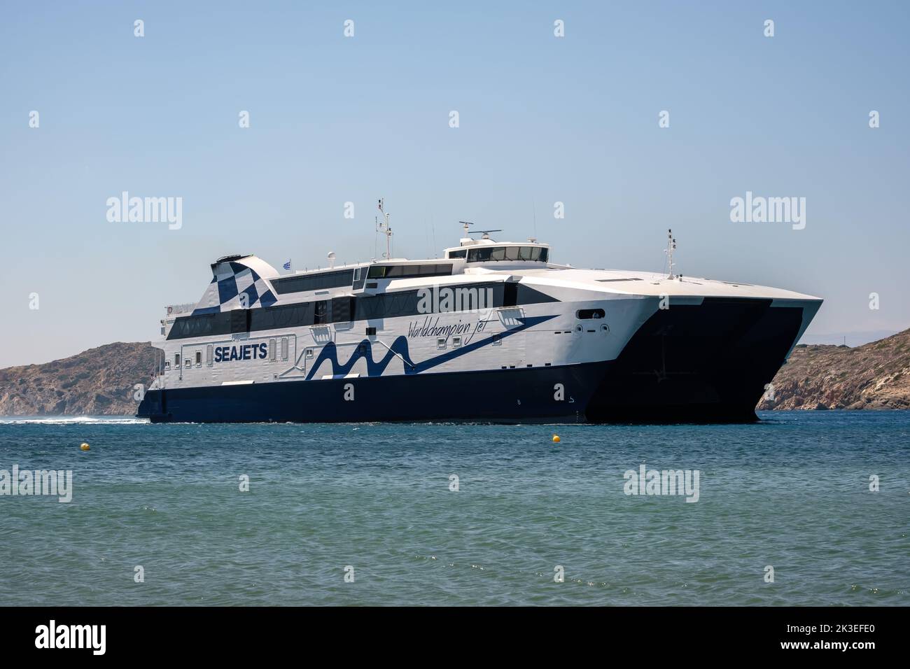 Ios, Greece September 12, 2022 View of a modern Ferry boat arriving at the port of Ios