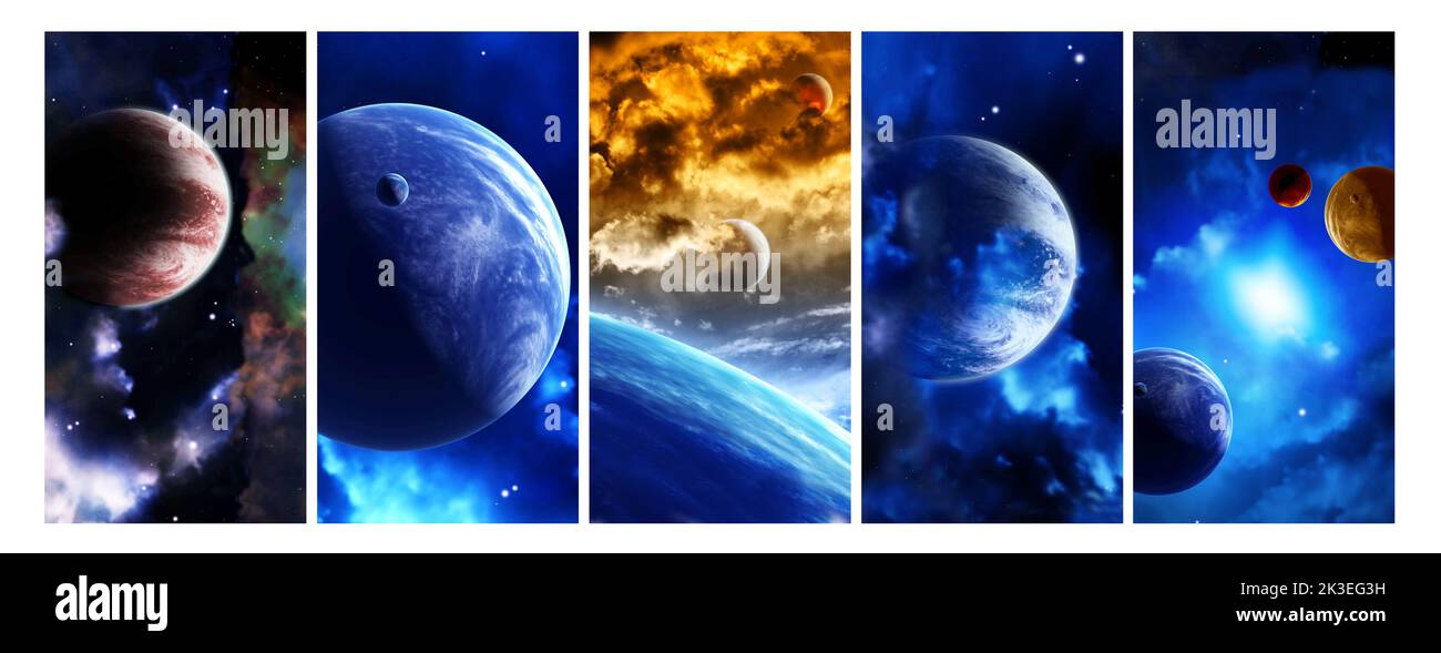 Set of vertical space banners with planets, nebula and stars. Elements of this images furnished by NASA. 3d render Stock Photo