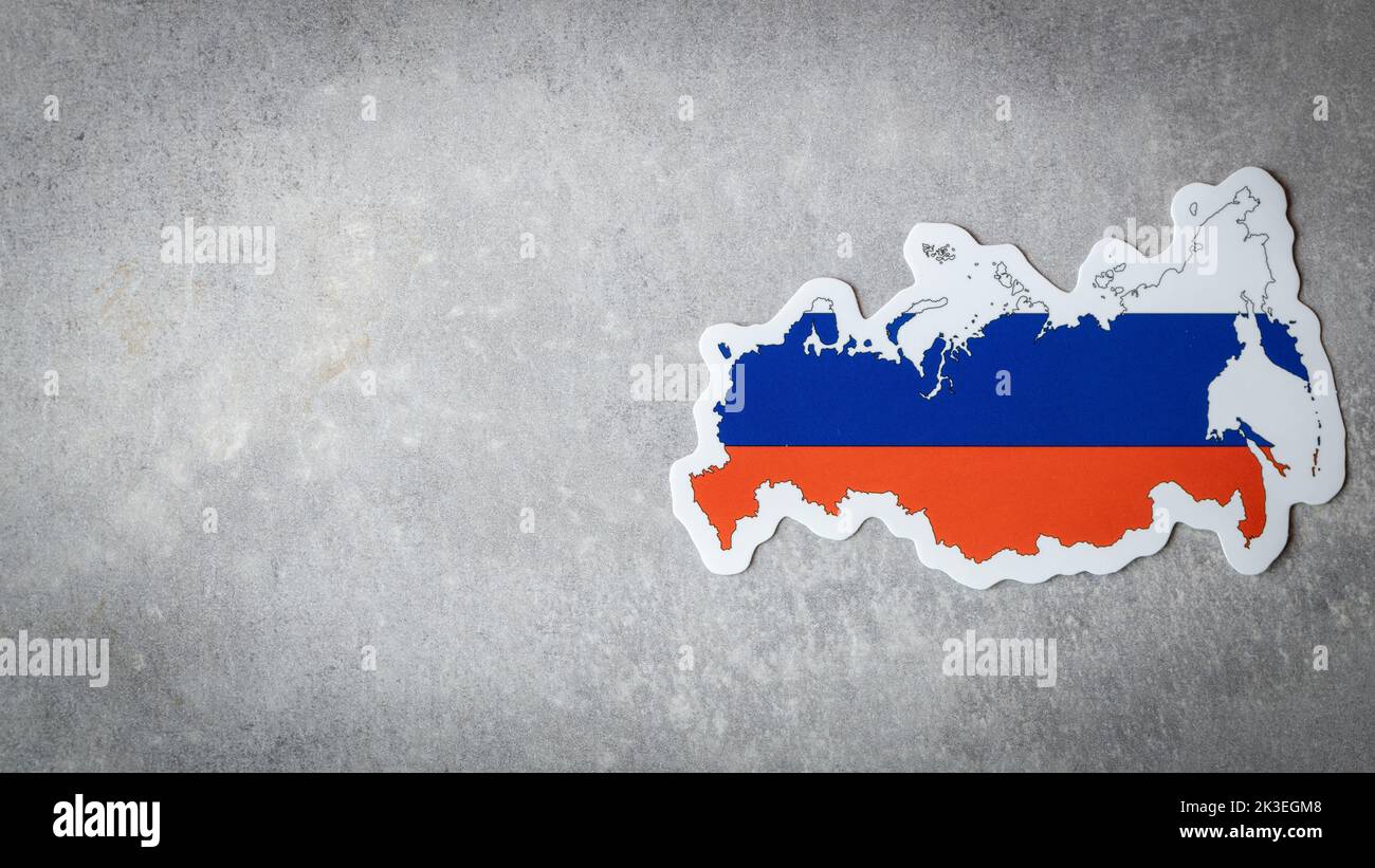 Russia flag and shape on gray background, copy space, Stock Photo