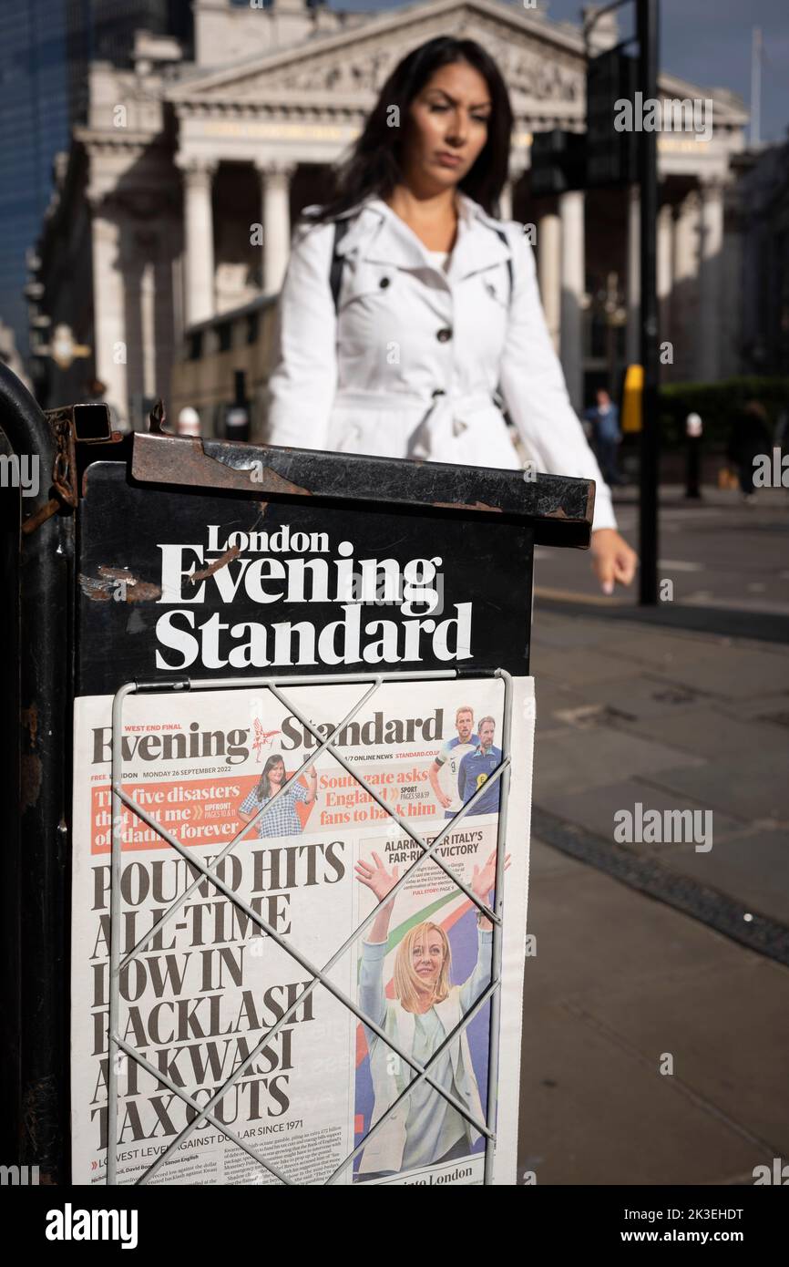An Evening Standard news headline in the aftermath of new Prime Minster, Liz Truss and her Chancellor Kwasi Kwarteng's mini-budget last Friday, the British Pound continues to fall on worldwide currency markets, now at its lowest rate since the UK went decimal in 1971, on 26th September 2022, in the City of London, England. The Bank of England has said today that it won't hesitate to raise interest rates in order to return inflation to its 2% target. Stock Photo
