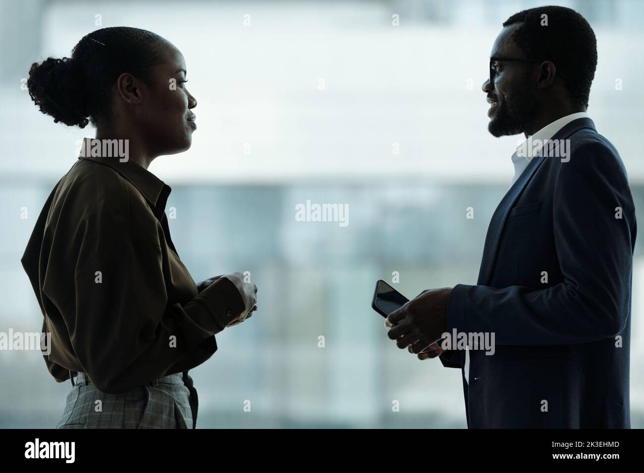 Side view of two young African American brokers discussing working points at meeting while standing in front of one another Stock Photo