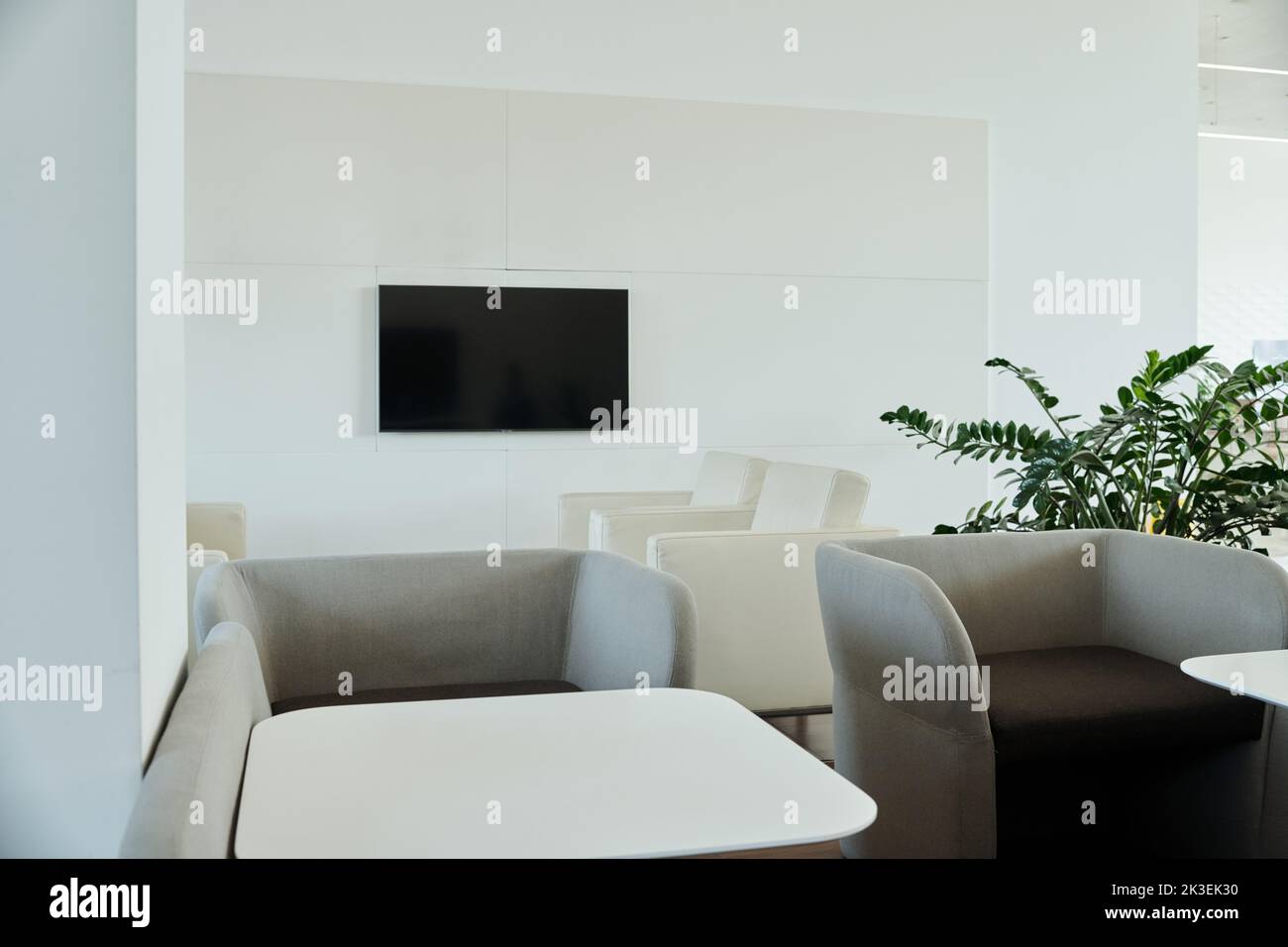 Part of modern comfortable openspace office with tv screen on wall, white leather and grey velvet armchairs and small square tables Stock Photo