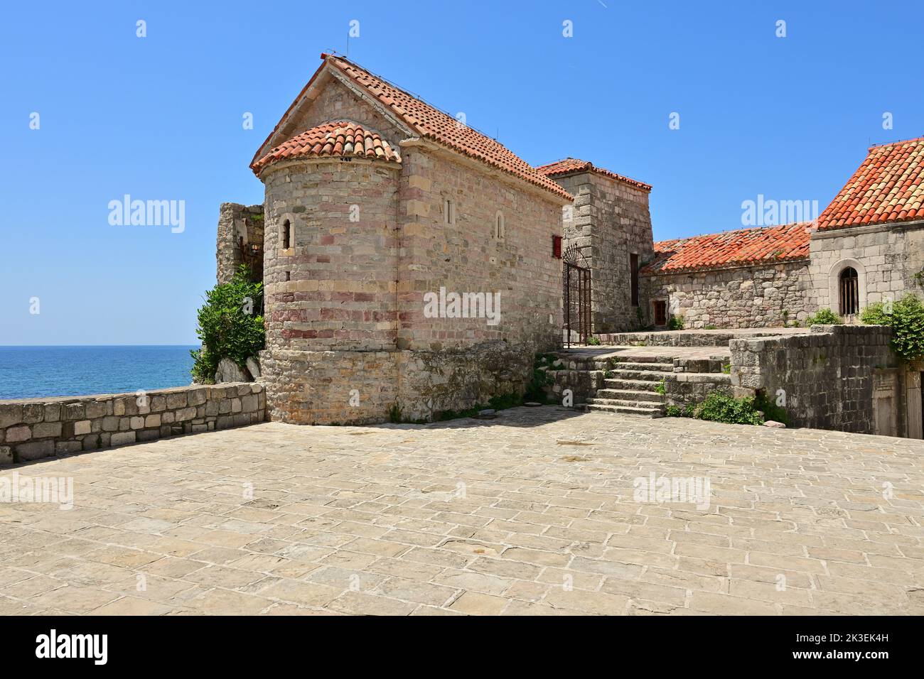 Church of St. Sabba the Sanctified. Architecture of the Old Town in Budva. Montenegro Stock Photo