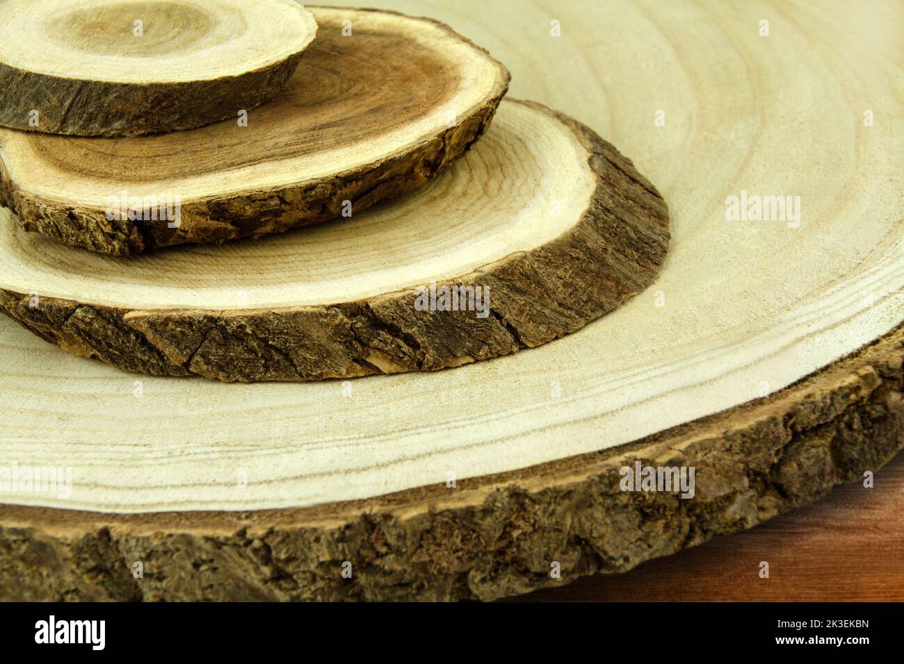 Natürliche Dekoration mit Baumscheiben aus Holz Stock Photo