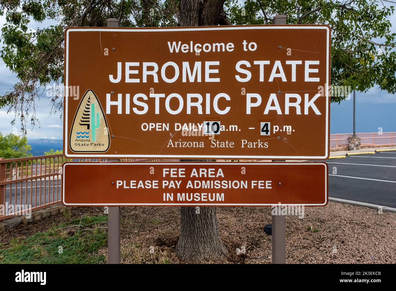 Sign for Jerome State Historic Park, an Arizona State Park, information on hours and fees. Stock Photo