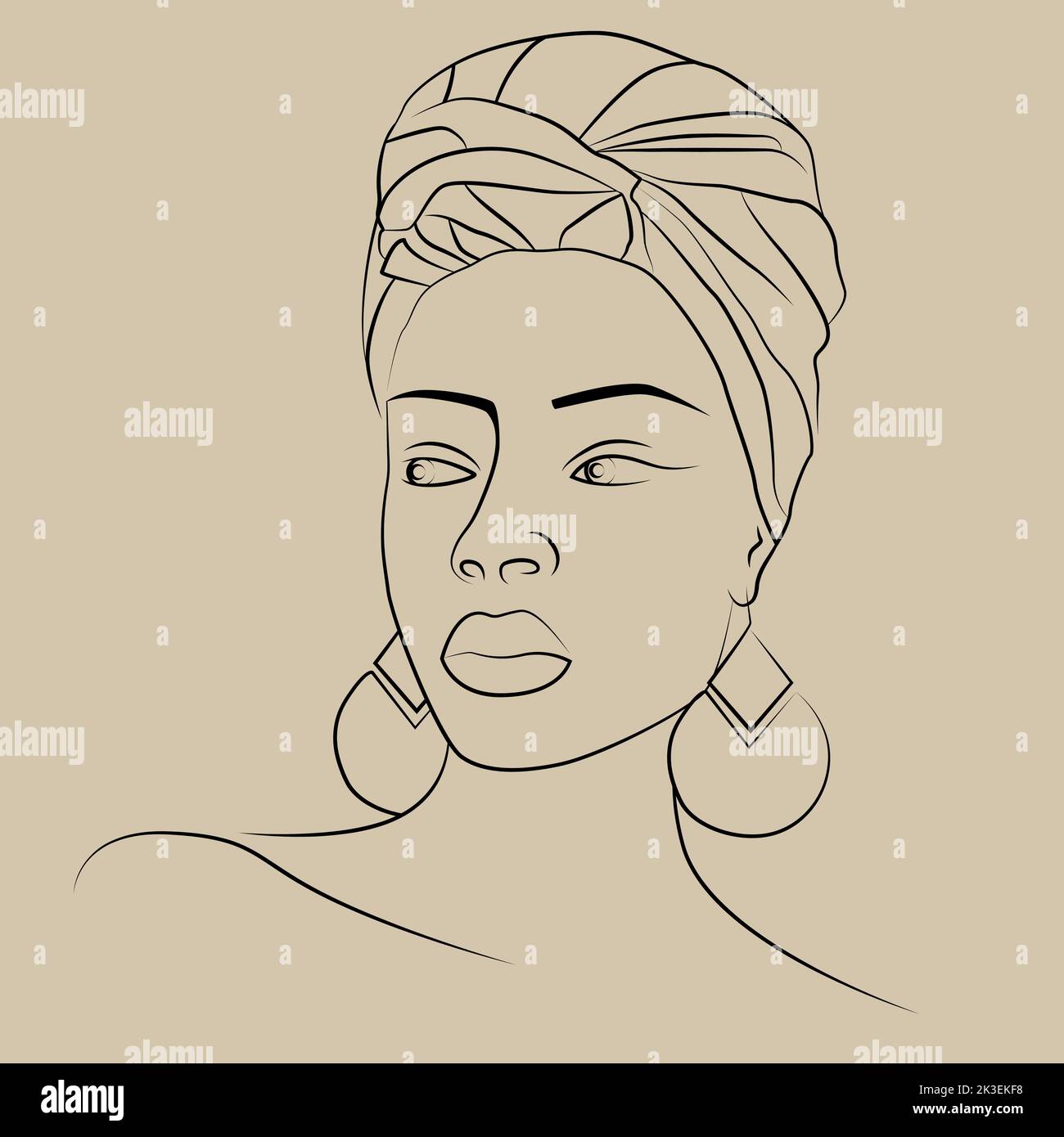 Ethnic african woman portrait line drawing beige poster Stock Vector