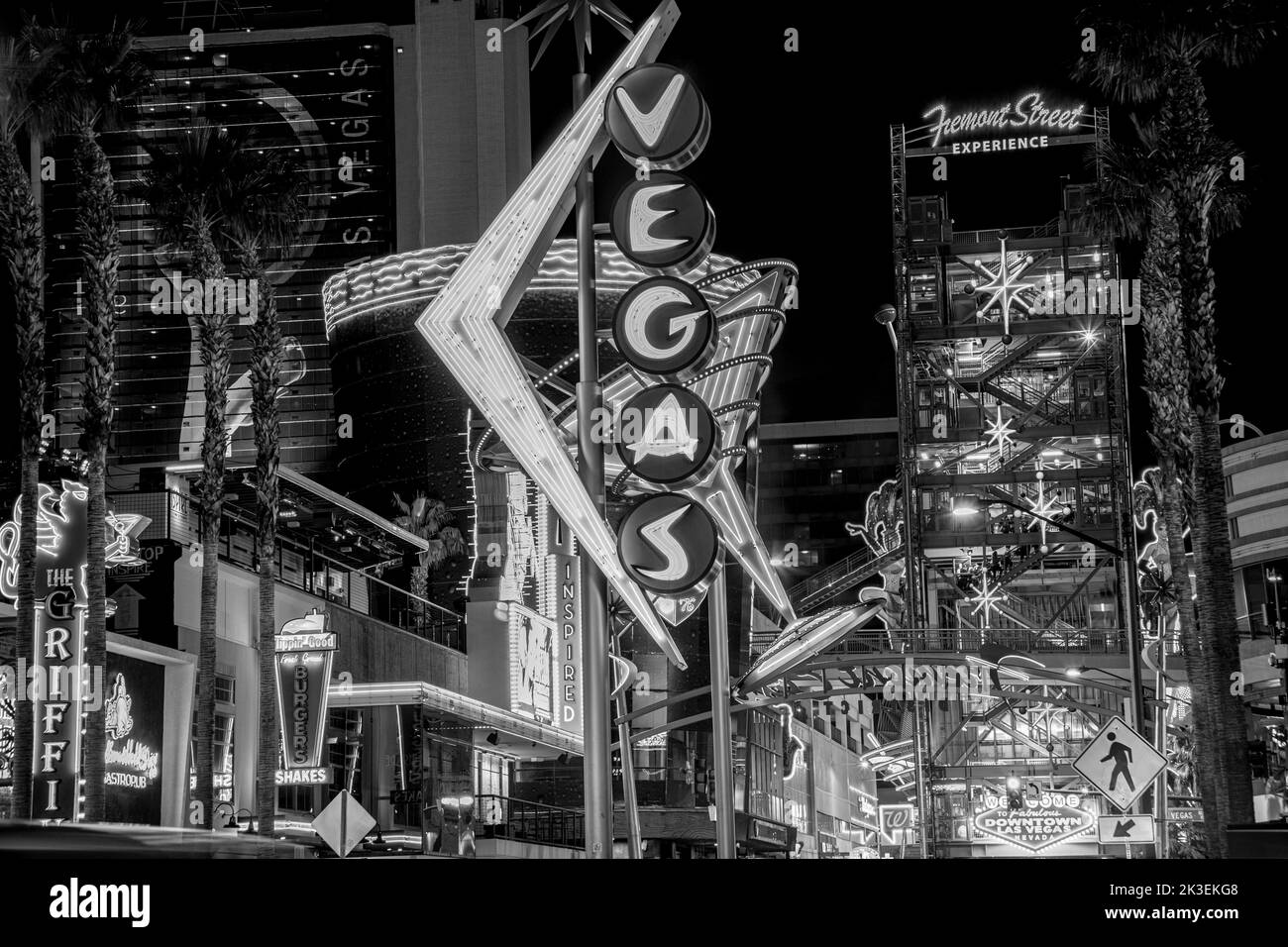 Las Vegas, USA - March 9, 2019: view to cowboy Vic in the Fremont street by night, illuminated by light bulbs  and entrance of Fremont street experien Stock Photo