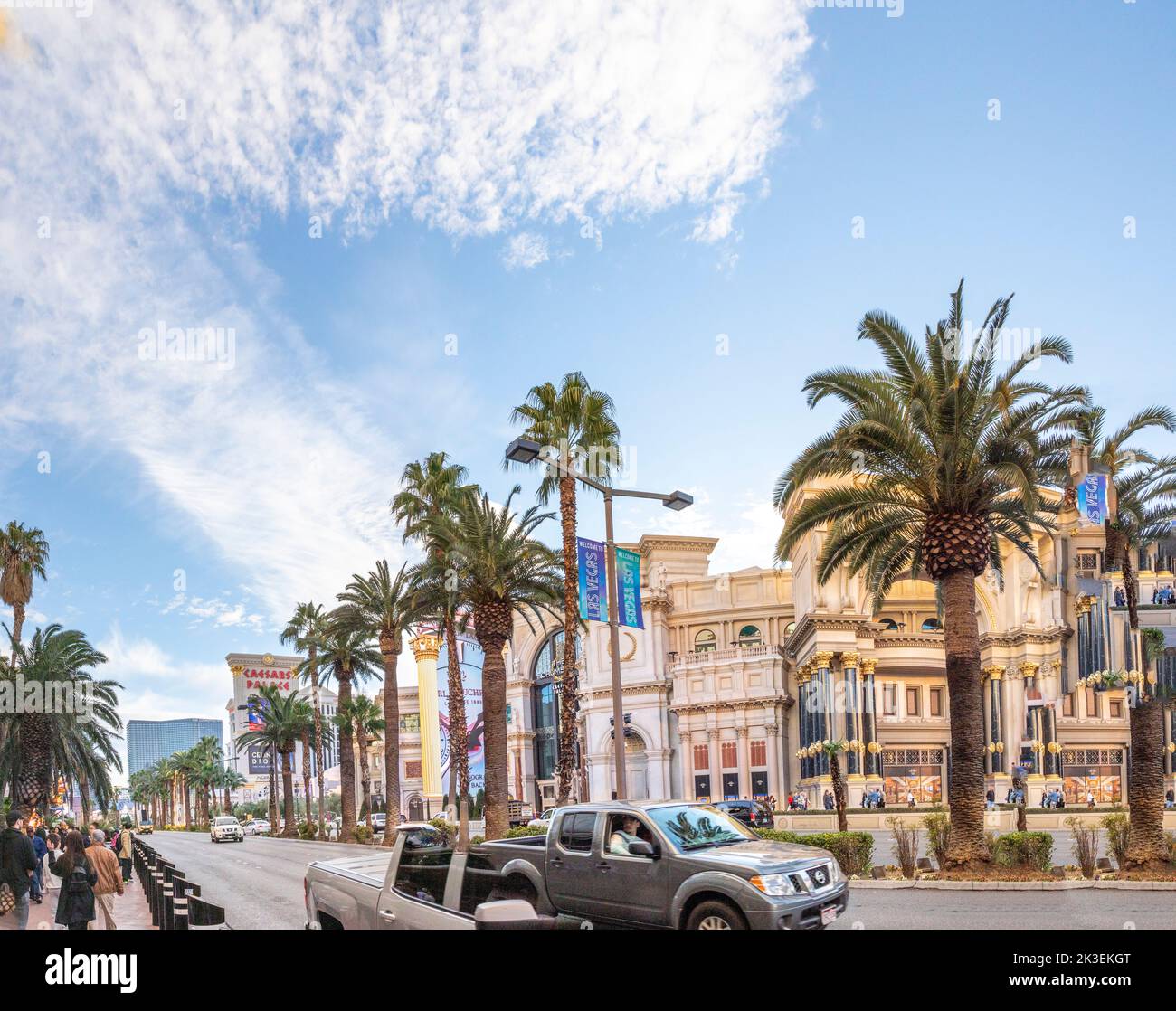 Las Vegas, USA - March 9, 2019: view to facade of casinos and shopping center at the Strip in Las Vegas, USA. Stock Photo