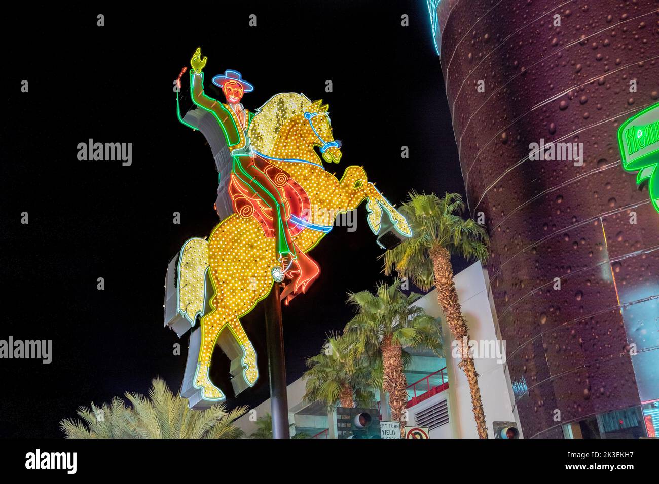 Las Vegas, USA - March 9, 2019: view to cowboy Vic in the Fremont street by night, illuminated by light bulbs in Las Vegas, USA. Stock Photo