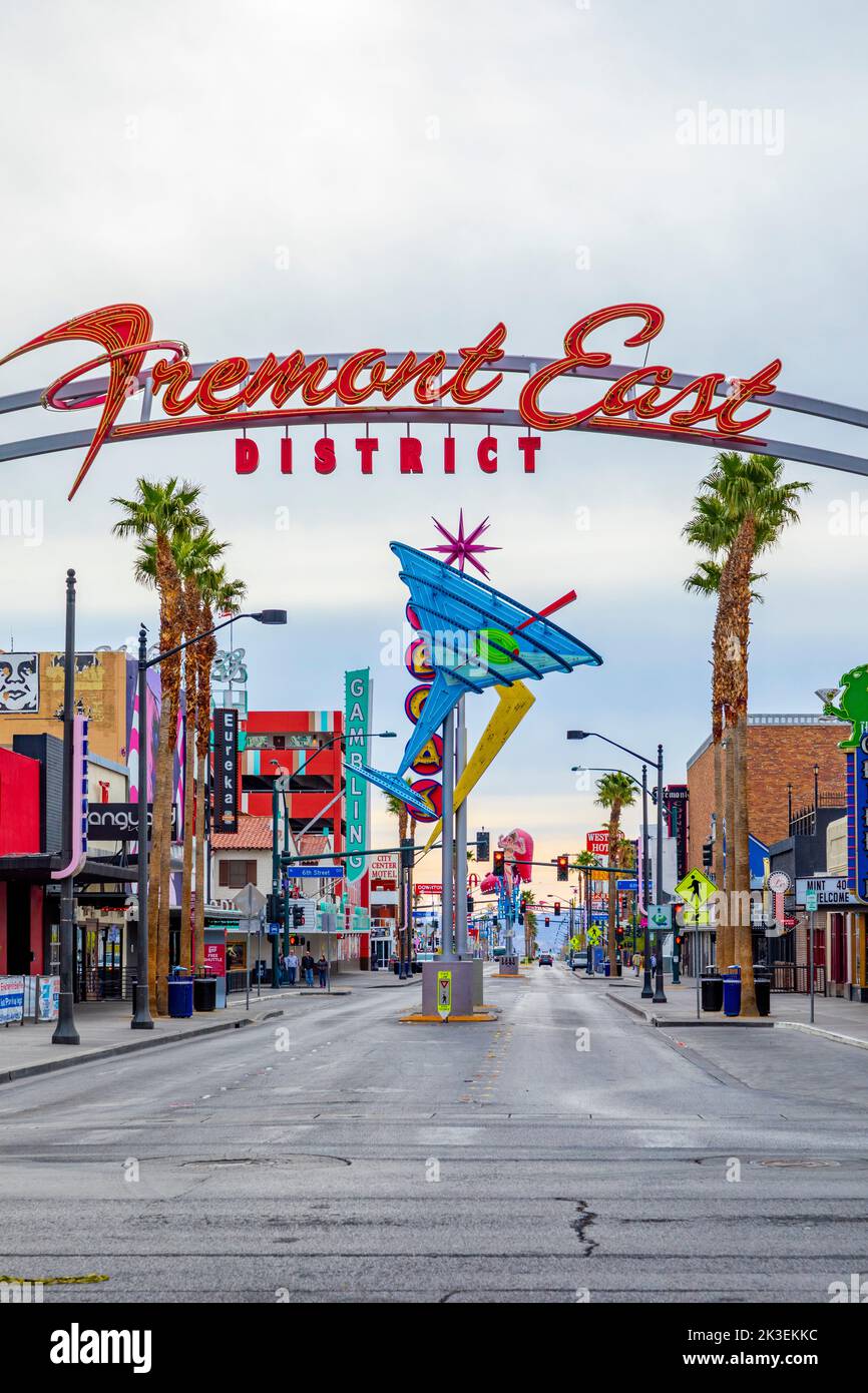 Las Vegas, USA - March 10, 2019: Fremont East district entrance sign with neon sculptures in early morning light in old part of Las Vegas, USA. Stock Photo