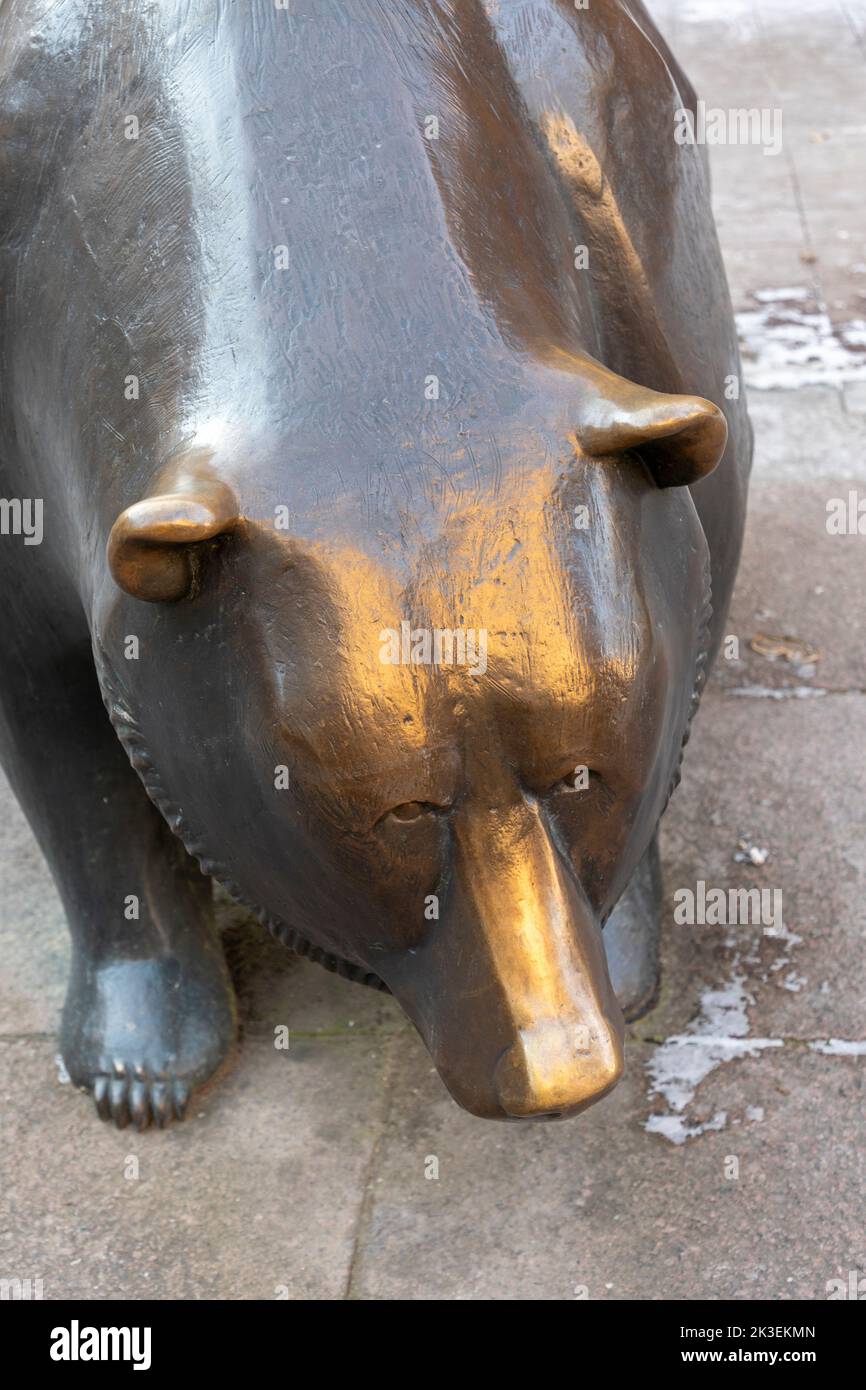 Frankfurt, Germany - February 13, 2021: The struggle between bulls and bears symbolizing rising or falling financial markets. Stock Photo