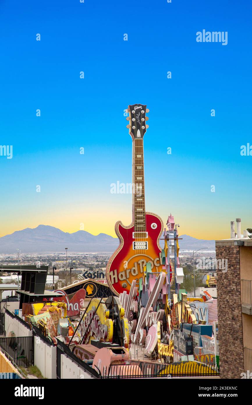 Las Vegas, USA - March 10, 2019: Old hard rock cafe sign at Gibson guitar  in the neon museum Las Vegas, USA. Stock Photo