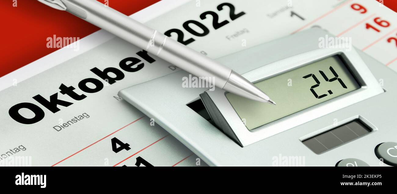 Deutscher Kalender Oktober 2022   Rechner und Gasumlage mit 2,4 Cent Stock Photo