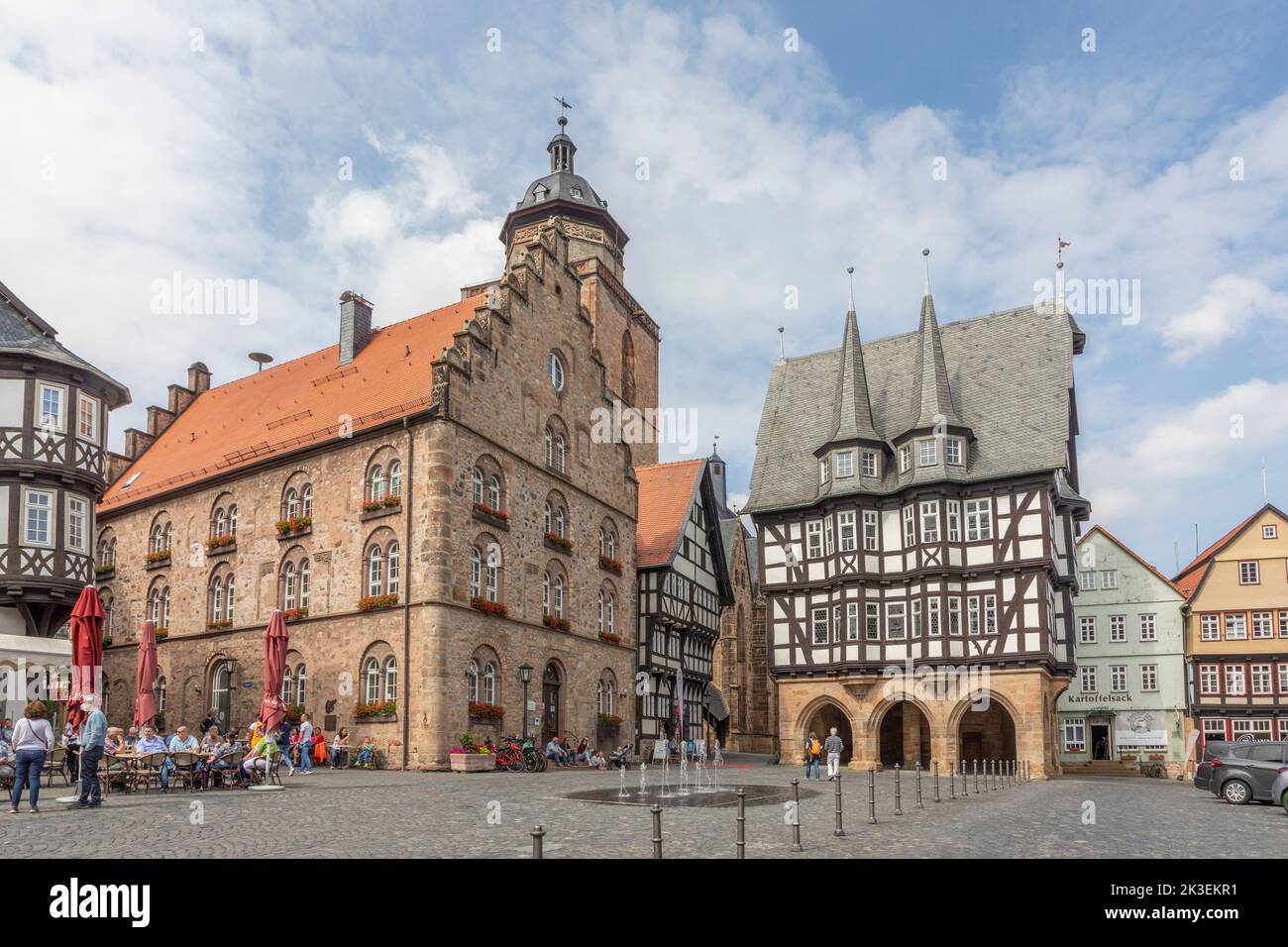 Alsfeld, Germany - June 25, 2021: famous town hall and half timbered historic houses at central square in Alsfeld, germany. Stock Photo