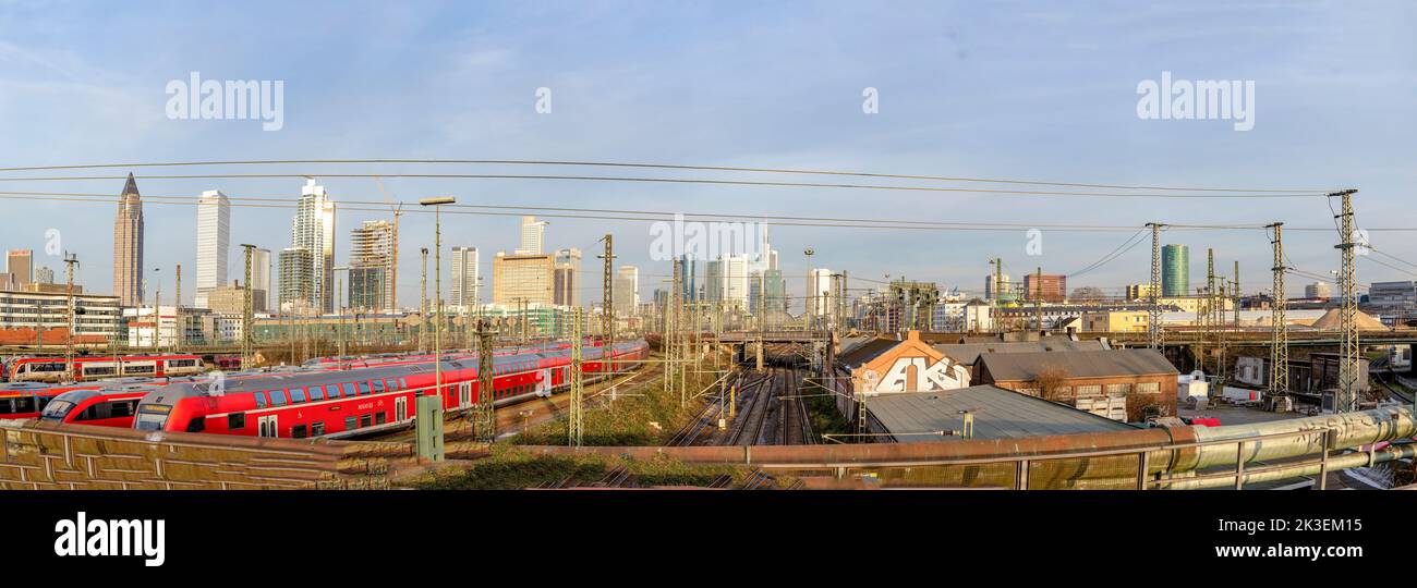 Frankfurt, Germany - December 22, 2021: panorama of skyline from train station to skyline of Frankfurt am Main. Stock Photo