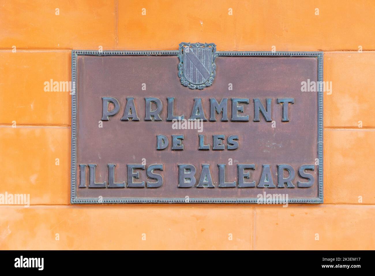 Palma, Spain - June 22, 2022: plate with inscription parliament of the balearic islands in Palma. Stock Photo