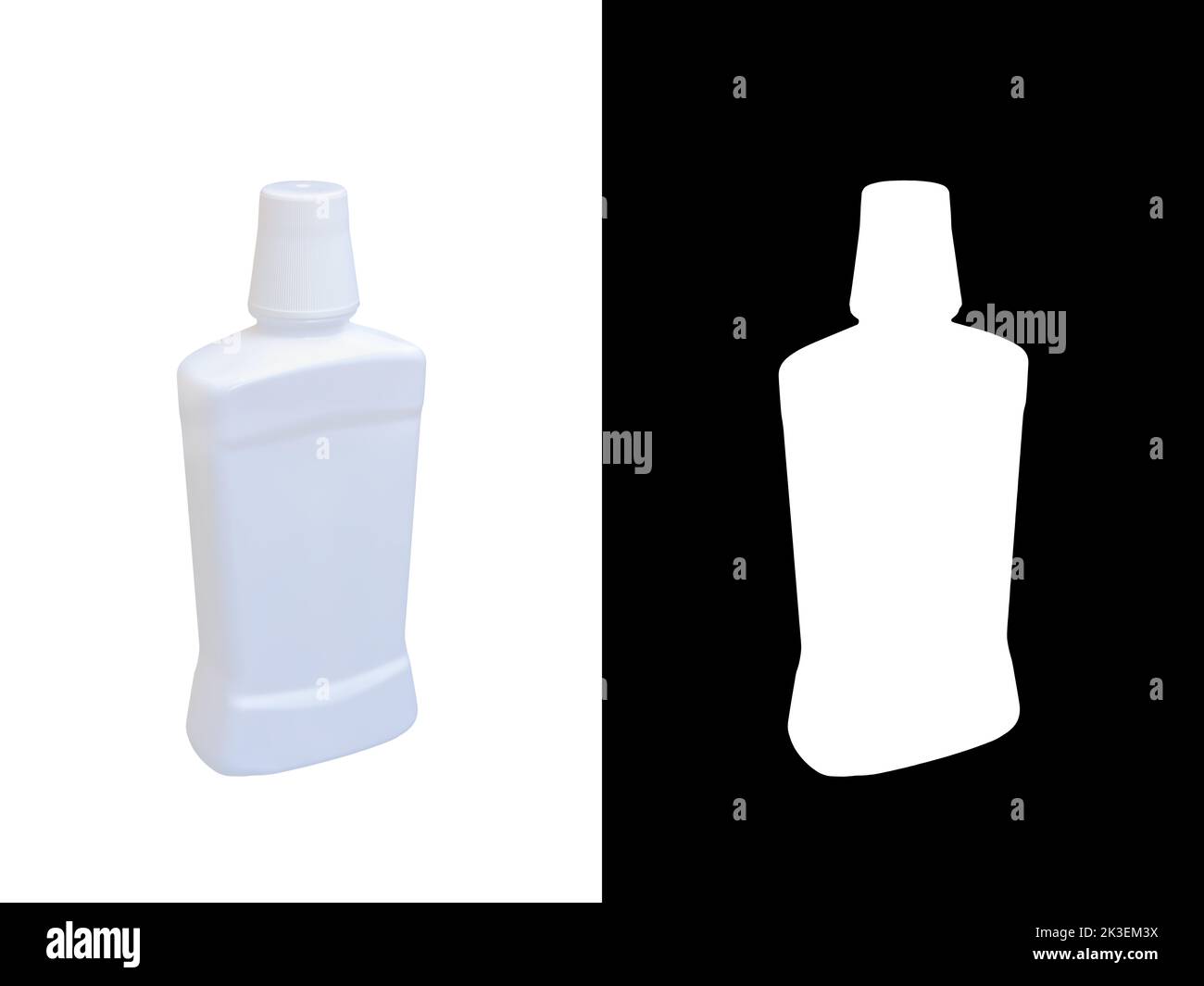 White plastic bottle for mockup with clipping path, liquid container with lid on isolated white background. Template for your design. Stock Photo