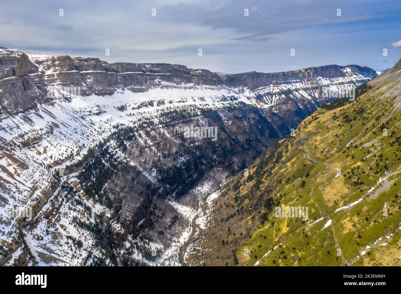 Aerial view of famous Ordesa Canyon in the Spanish Pyrenees. Huesca, Aragon, Spain. Stock Photo