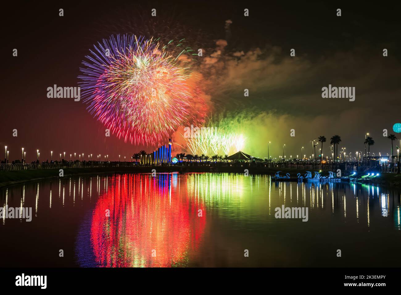 Fireworks at Al Khobar, Saudi Arabia September 23 2022 : National Day Celebration of Kingdom of Saudi Arabia. Stock Photo