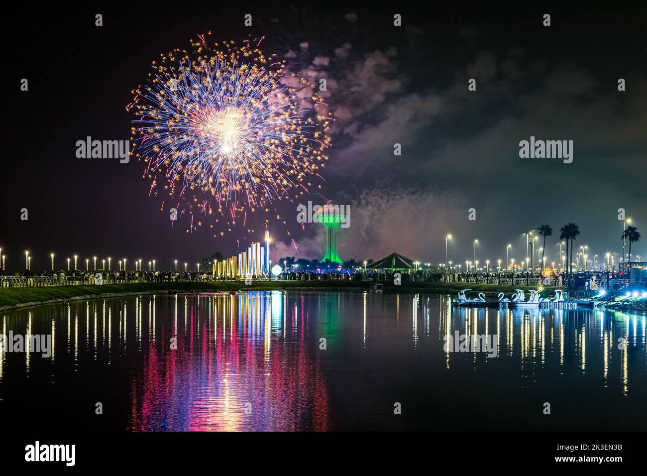 Fireworks at Al Khobar, Saudi Arabia September 23 2022 : National Day Celebration of Kingdom of Saudi Arabia. Stock Photo