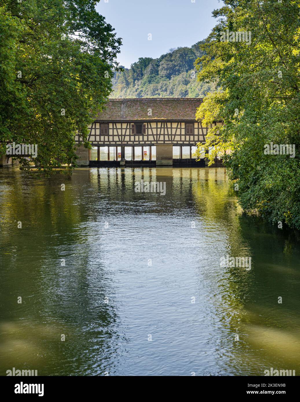 Historic Truss Bridge (Water house) on the Neckar river, Esslingen, Baden-Württemberg, Germany Stock Photo