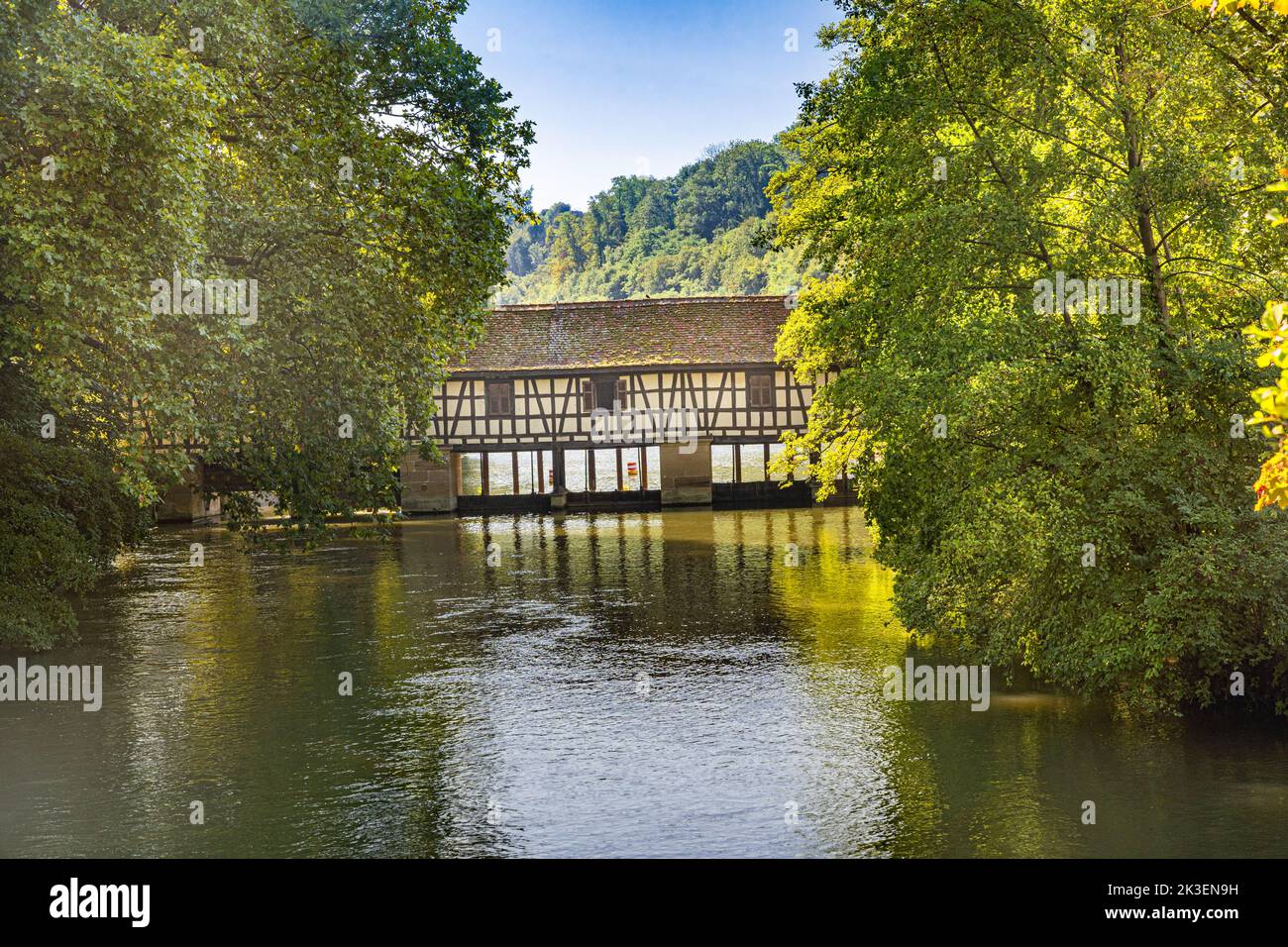 Historic Truss Bridge (Water house) on the Neckar river, Esslingen, Baden-Württemberg, Germany Stock Photo