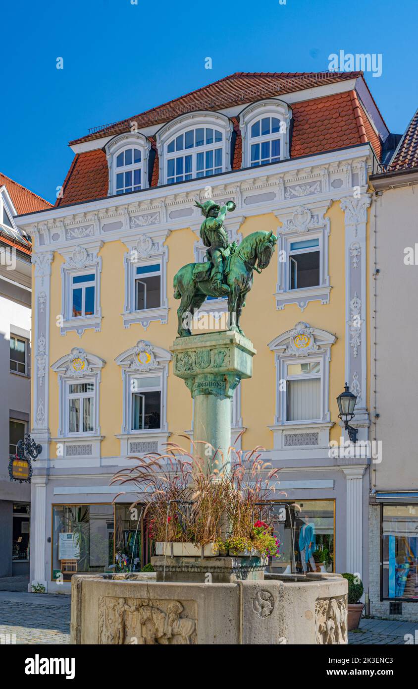 Square with postman Michel fountain (Postmichelbrunnen) in Esslingen am Neckar. Baden Wuerttemberg, Germany, Europe Stock Photo