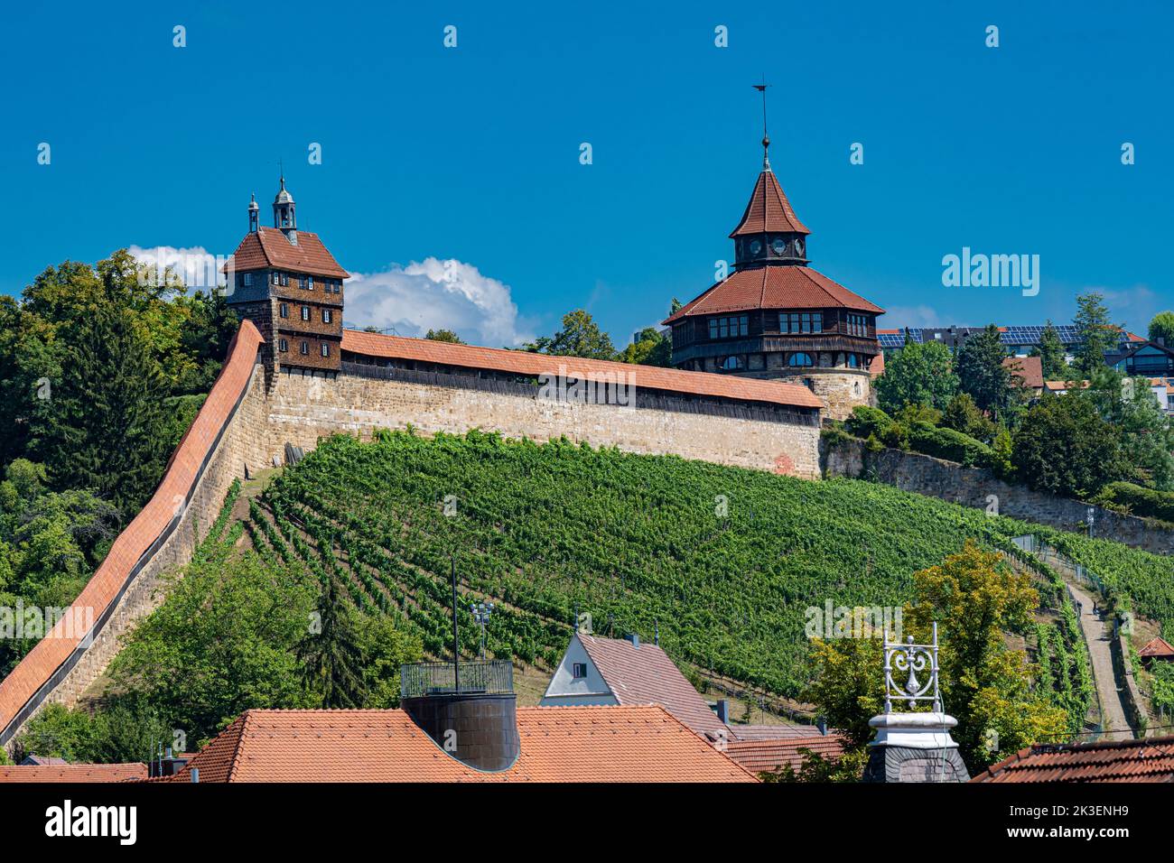 View of the historic city walls and castle Guardhouse (Hochwacht) and Thick Tower (Dicker Turm) in Esslingen am Neckar.Baden-Württemberg, Germany Euro Stock Photo