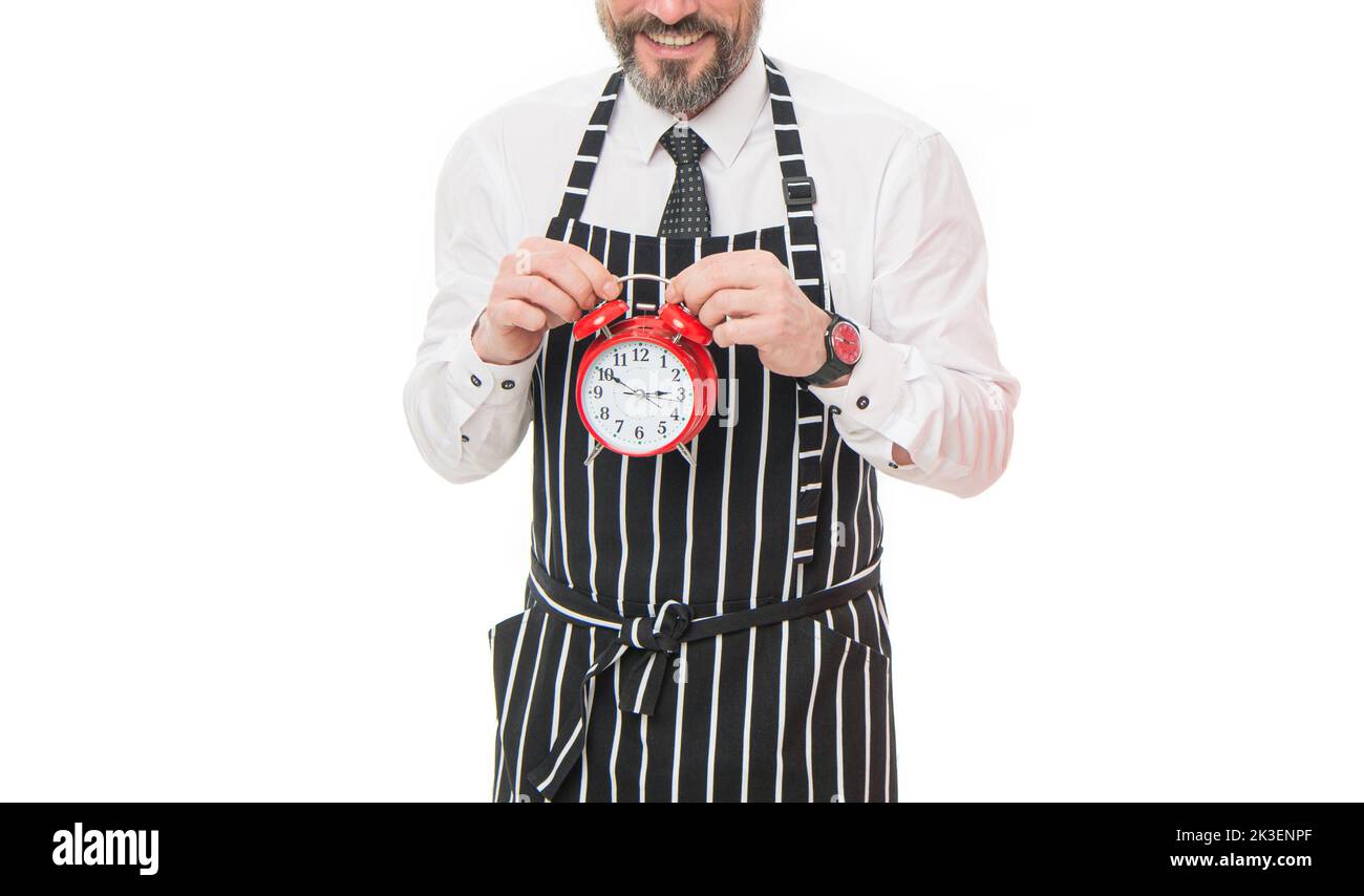 Barista man crop view. Barista holding clock. Barista hours