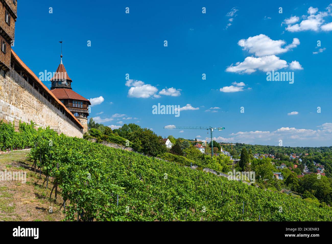 A view of the city wall and to the castle above Esslingen on the Neckar. Baden-Wuerttemberg, Germany, Europe Stock Photo