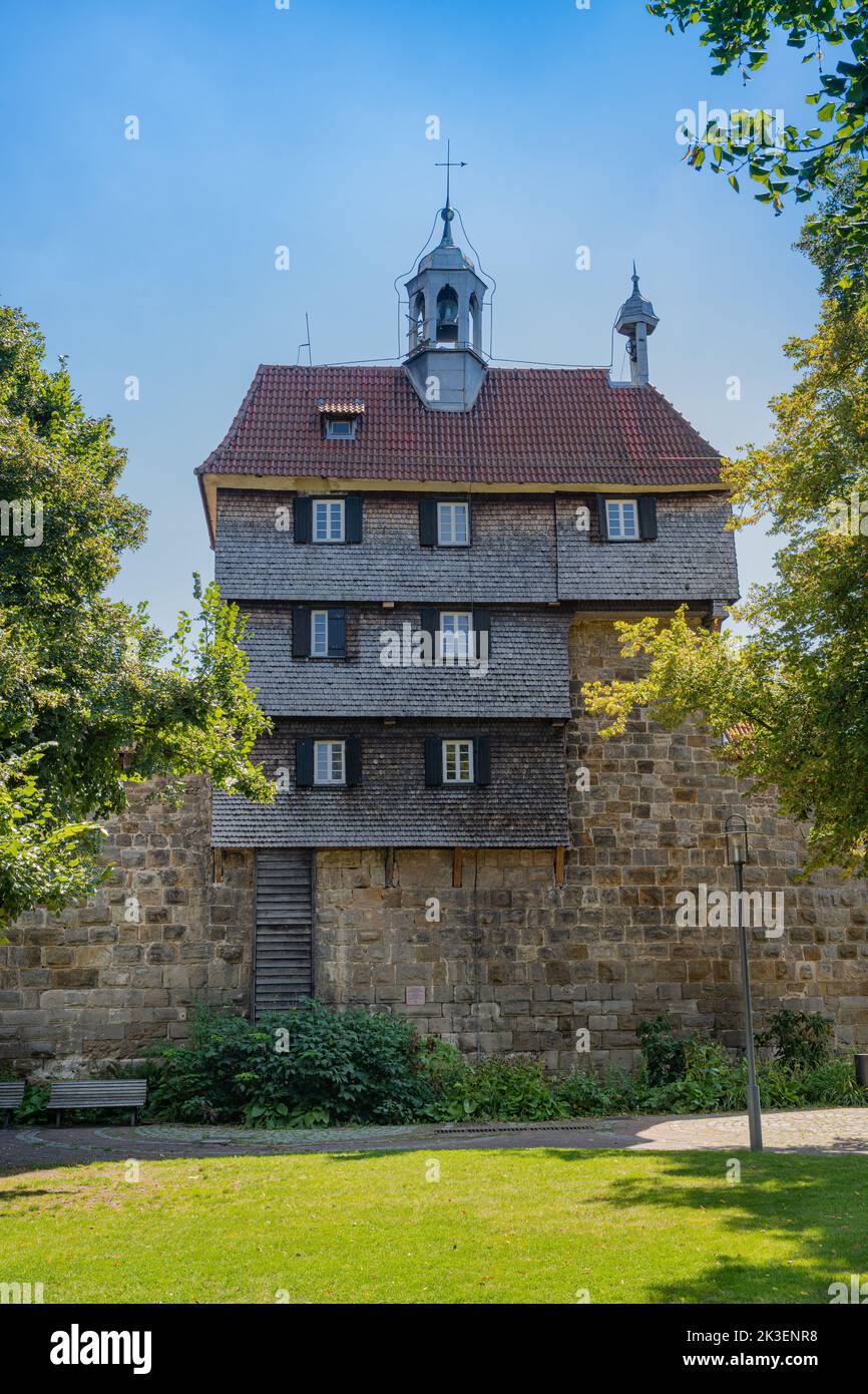 Esslingen near Stuttgart, Germany, view of the historic city walls castle with Guardhouse (Hochwacht) . Baden-Wuerttemberg, Germany, Europe Stock Photo