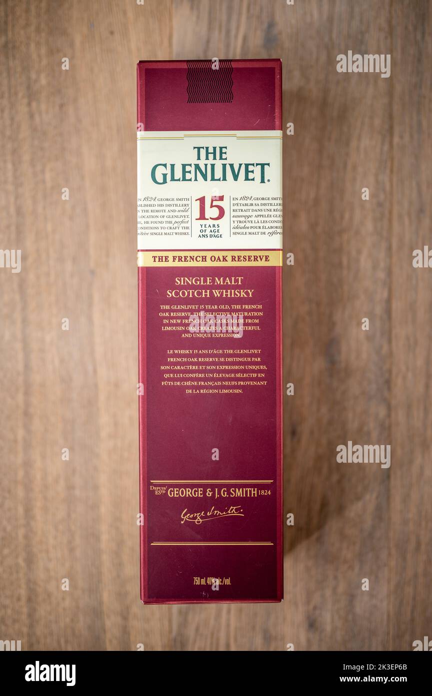 Calgary, Alberta September 10, 2022 The Glenlivet Single Malt Scotch Whisky container Stock