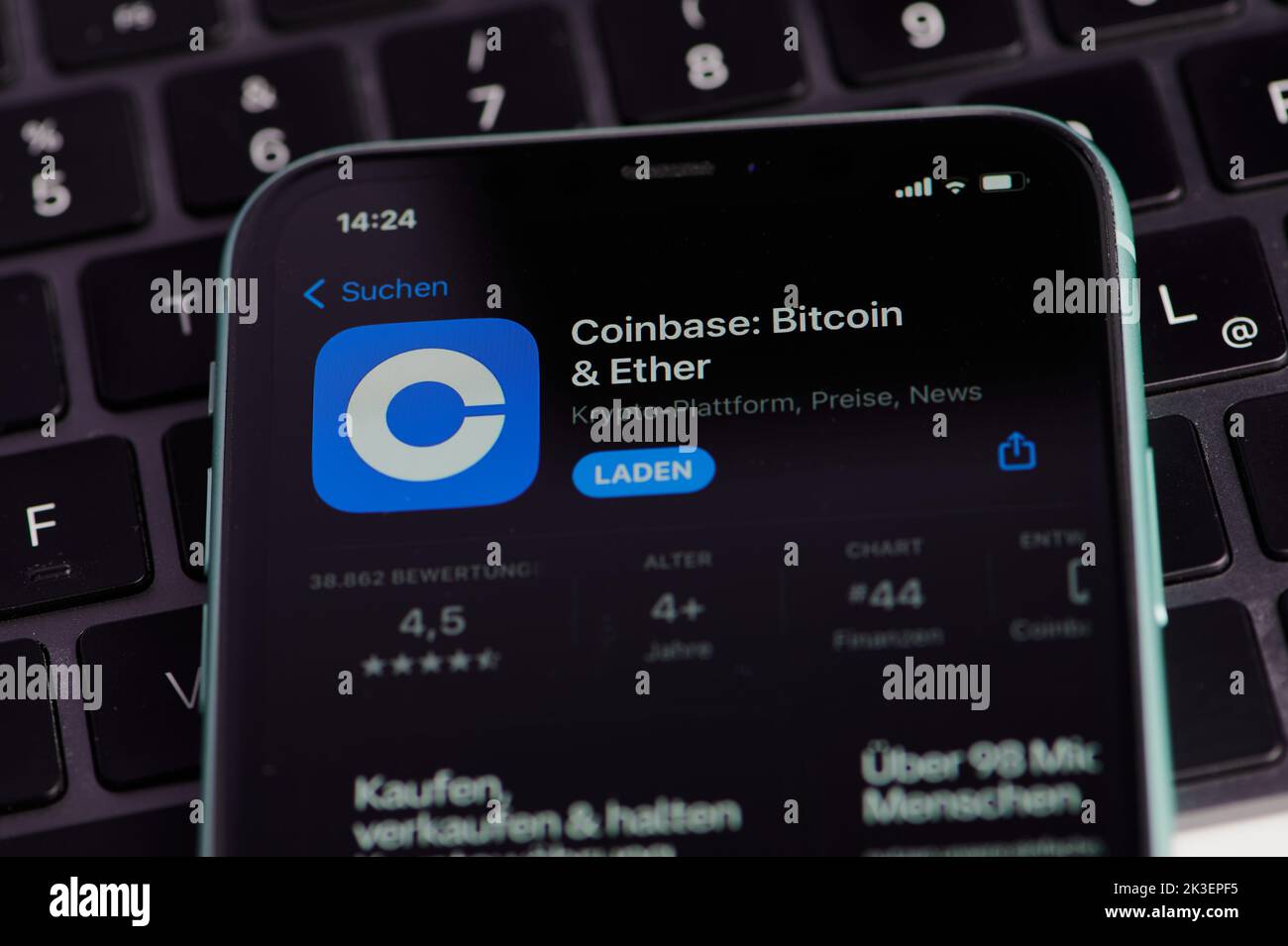 blue coinbase app icon on a smartphone screen Stock Photo