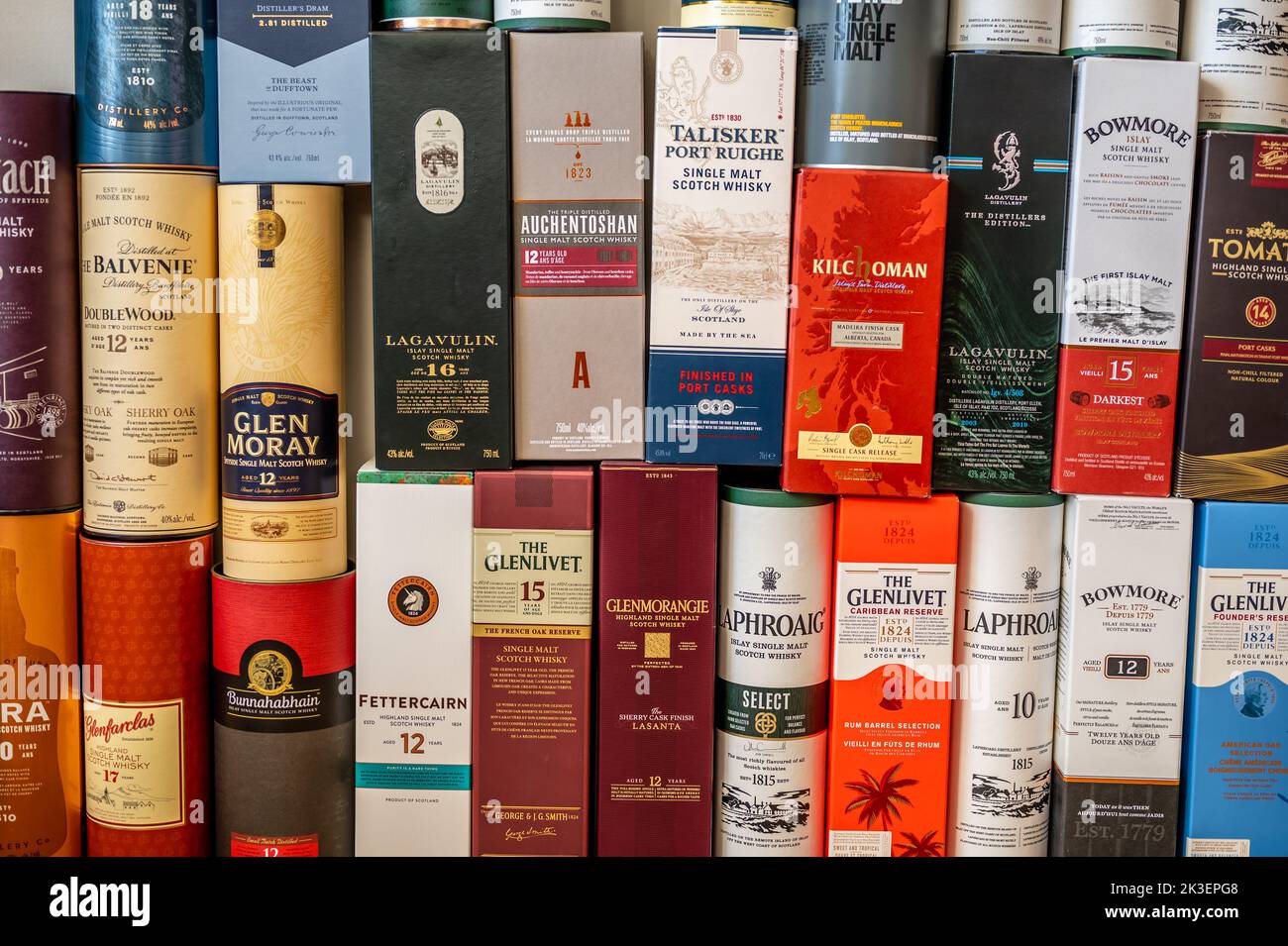 Calgary, Alberta September 10, 2022 Multiple Single Malt Scotch Whisky containers staked